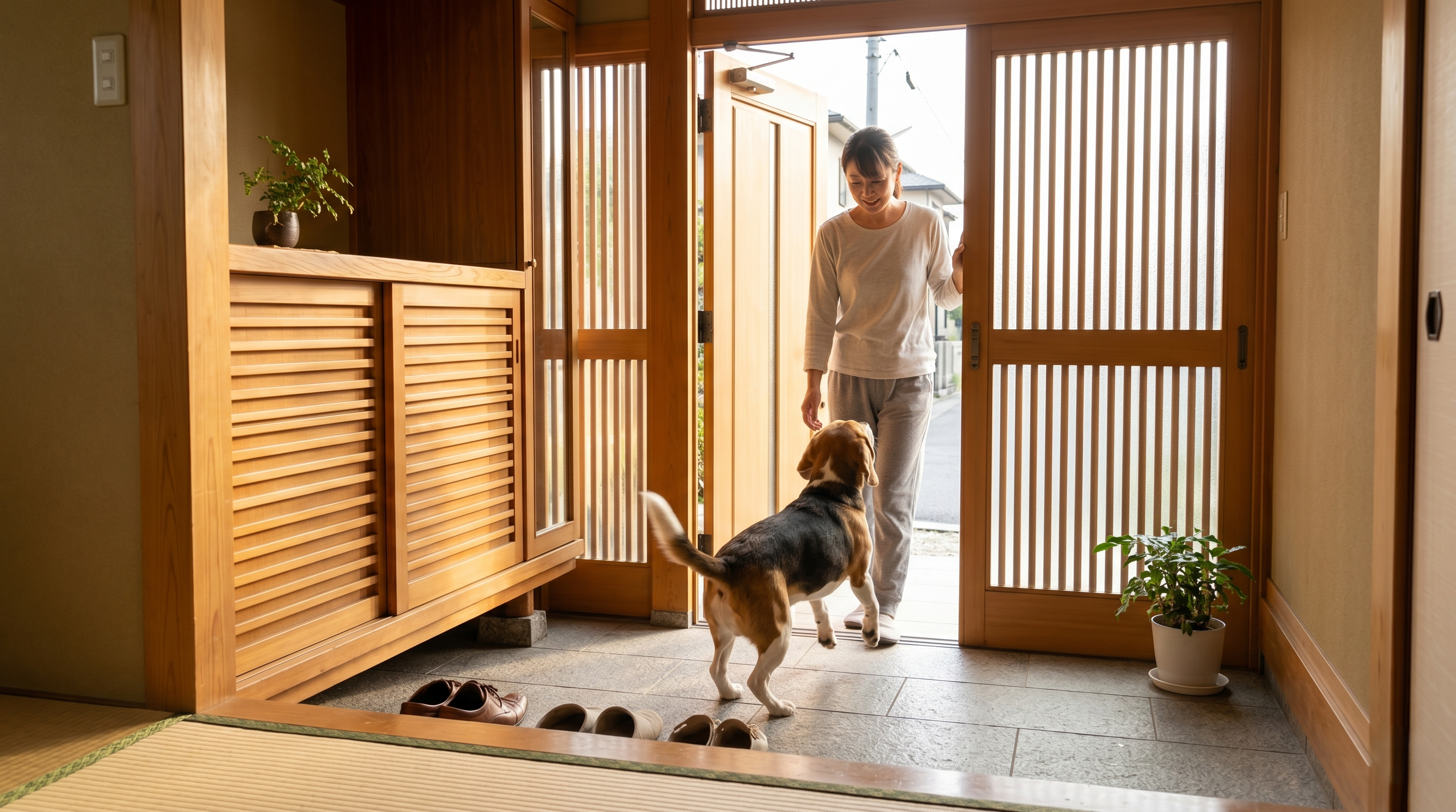 動物病院で獣医師から治療説明を受けながら犬を抱く日本人飼い主（実写風）