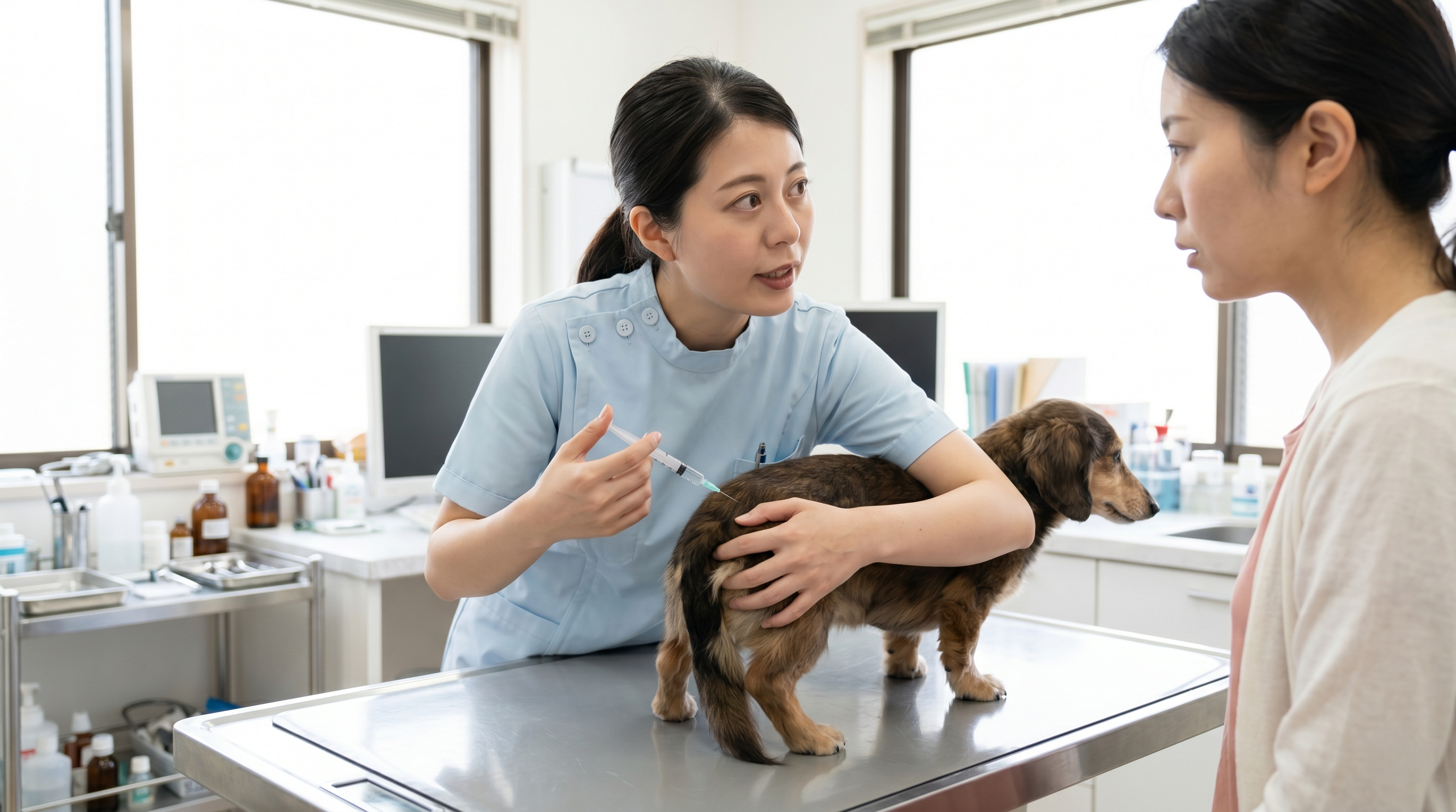 犬の耳の付け根にマダニが付着しているのを指で示す飼い主（実写風）