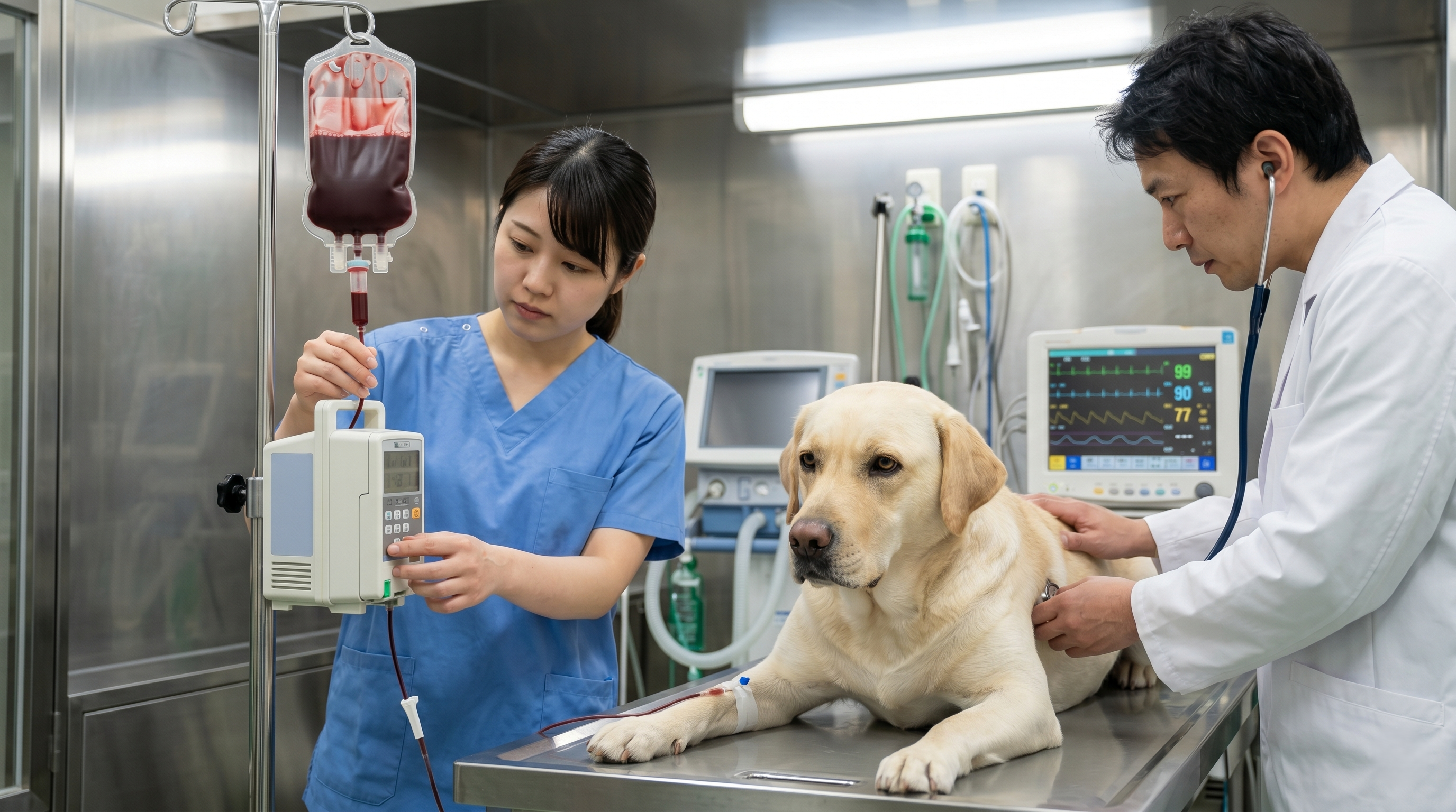 顕微鏡で犬の血液サンプルを観察している獣医師（実写風）