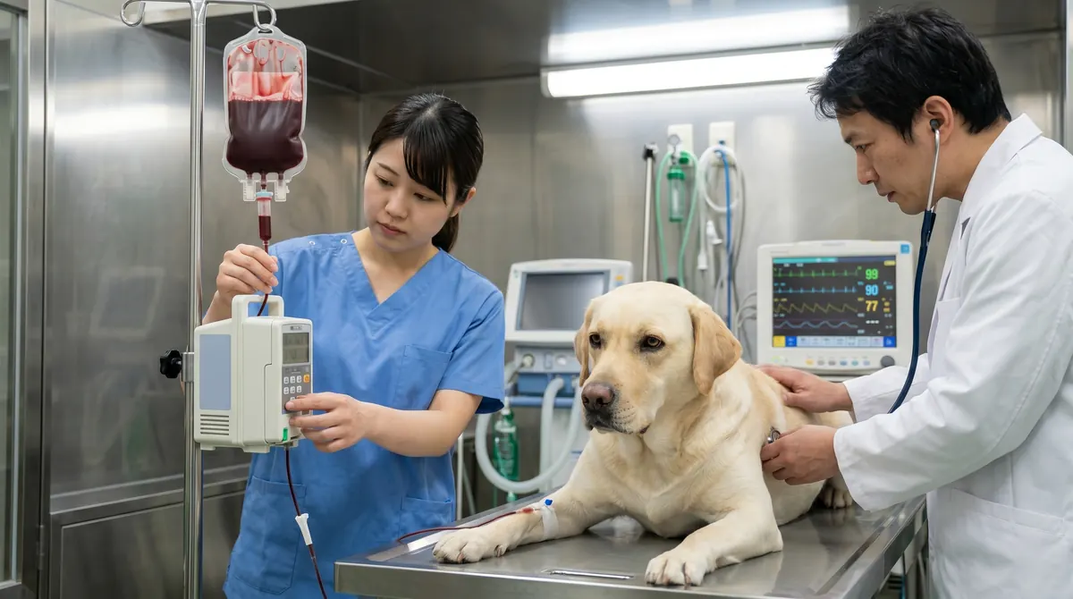 顕微鏡で犬の血液サンプルを観察している獣医師（実写風）
