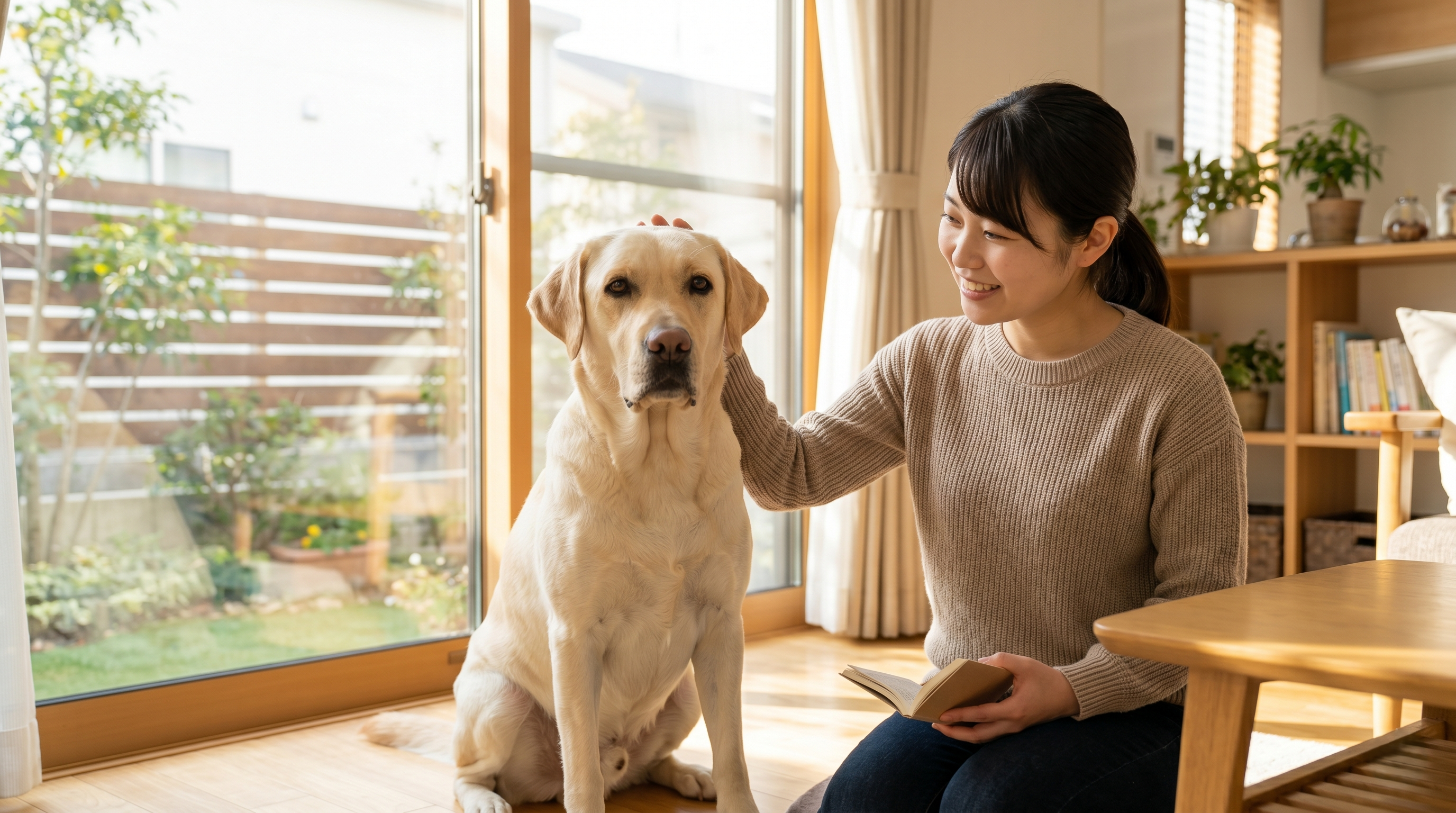 点滴を受けながらゆっくり回復している犬を優しく撫でる飼い主（実写風）