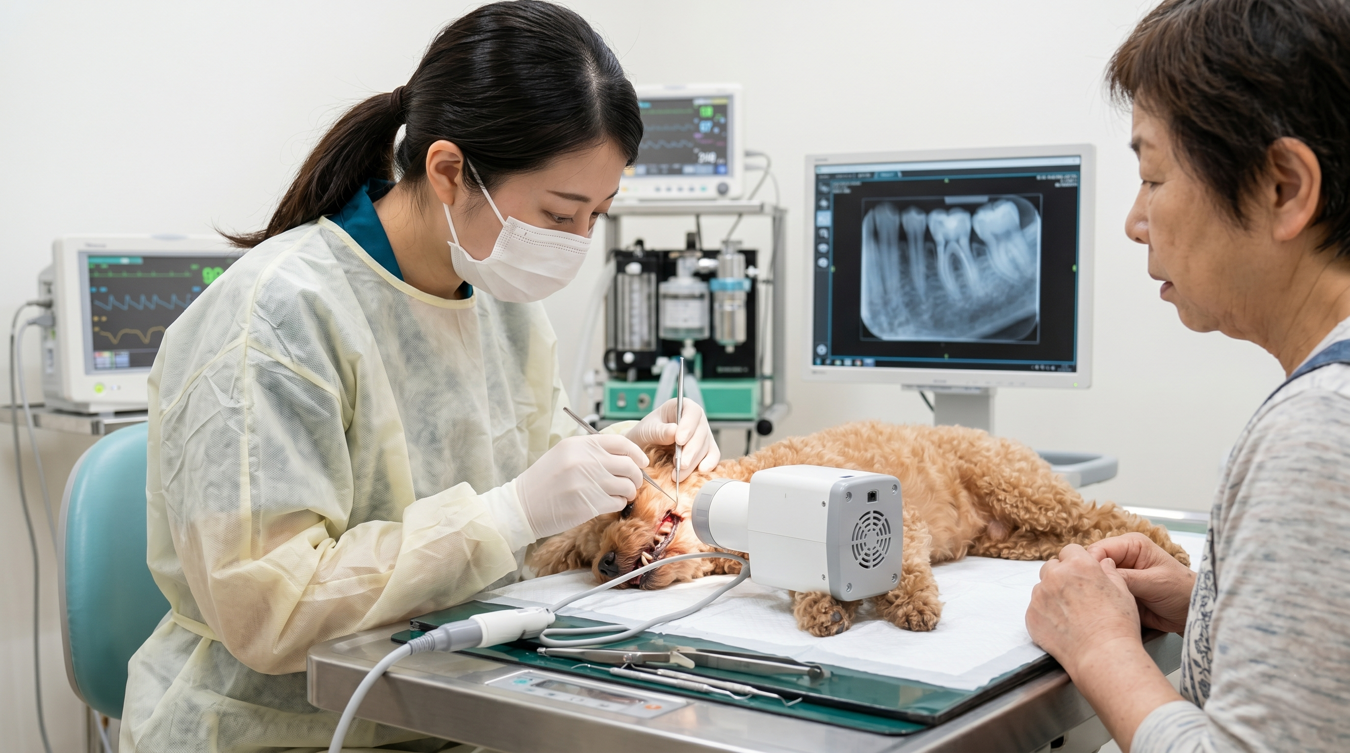 犬の歯に歯石と変色が見られるアップの口腔内（実写風）