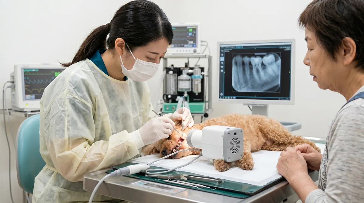 犬の歯に歯石と変色が見られるアップの口腔内（実写風）