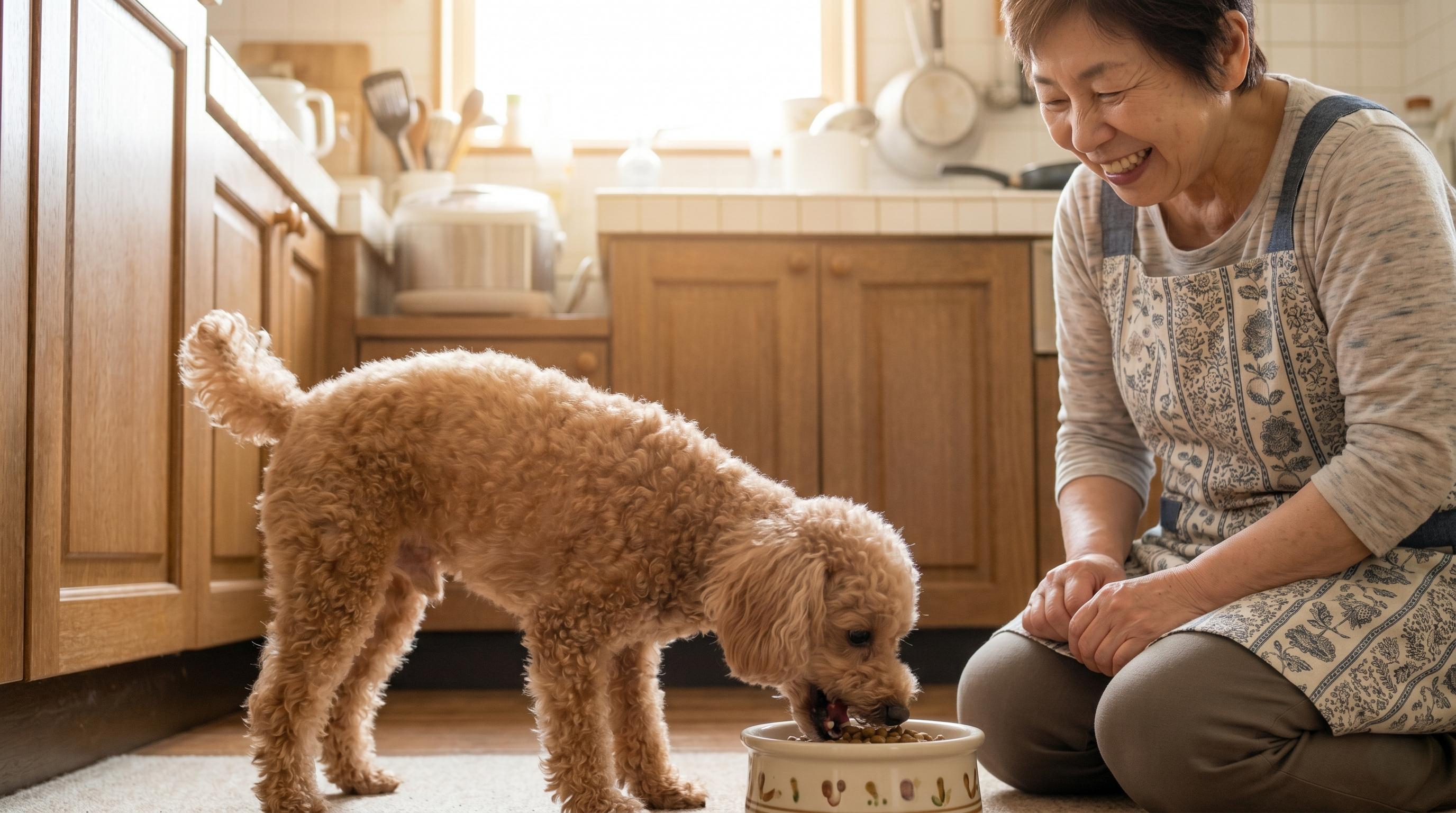 飼い主が犬に歯ブラシで歯磨きをしている日常的なシーン（実写風）