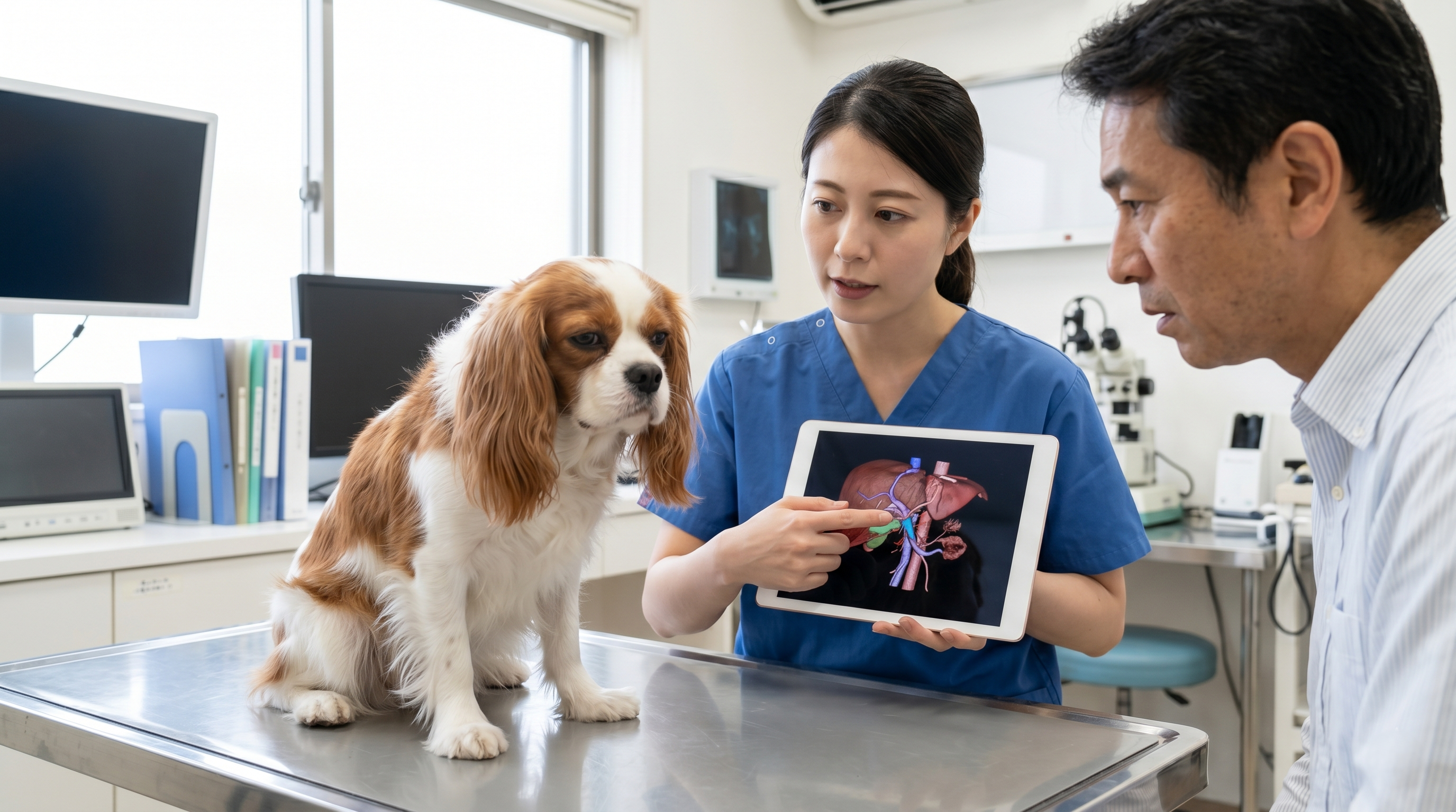 超音波エコーで犬の腹部を検査している獣医師（実写風）