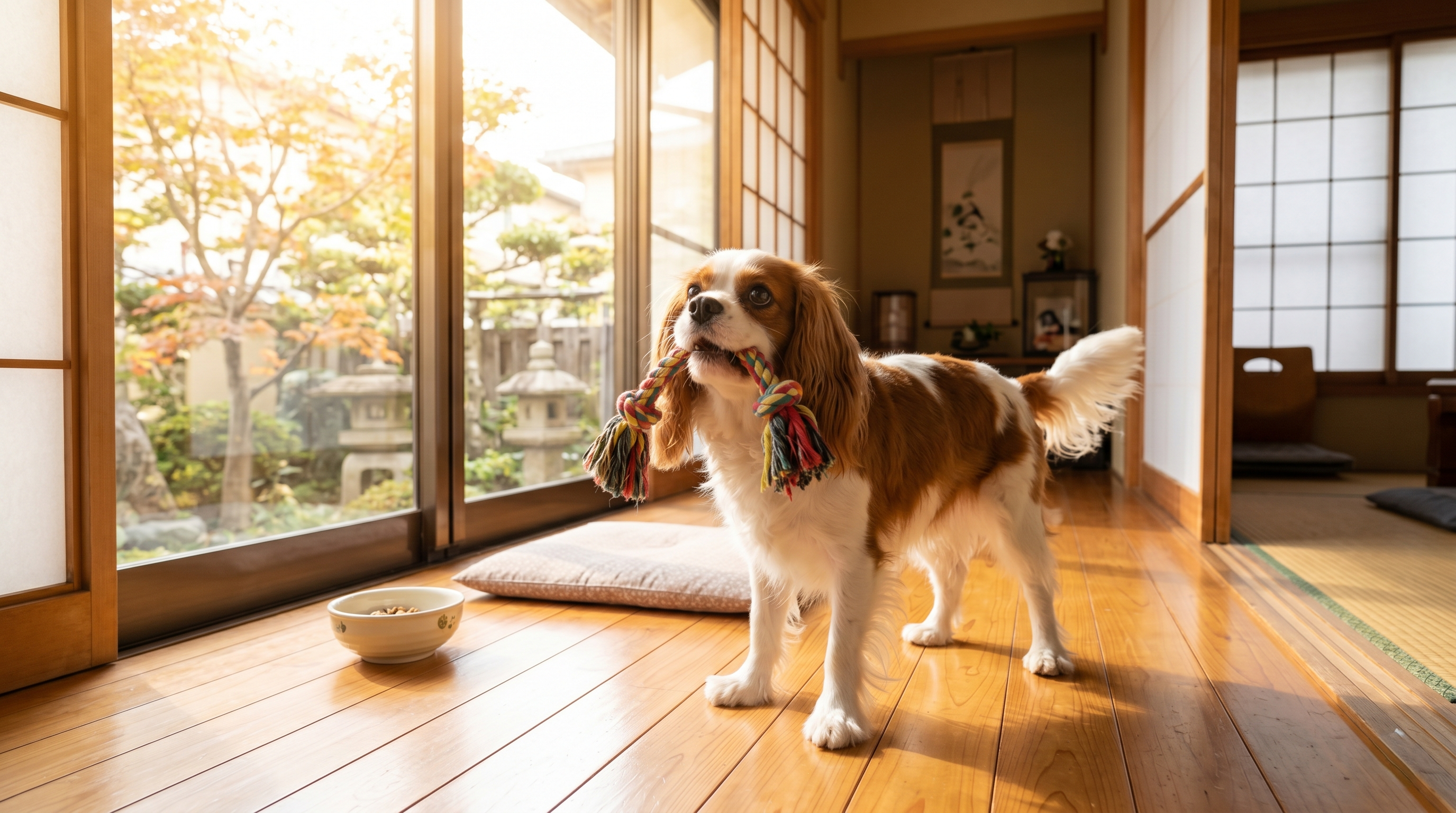術後にケージで安静にしている小型犬を見守る獣医師と飼い主（実写風）