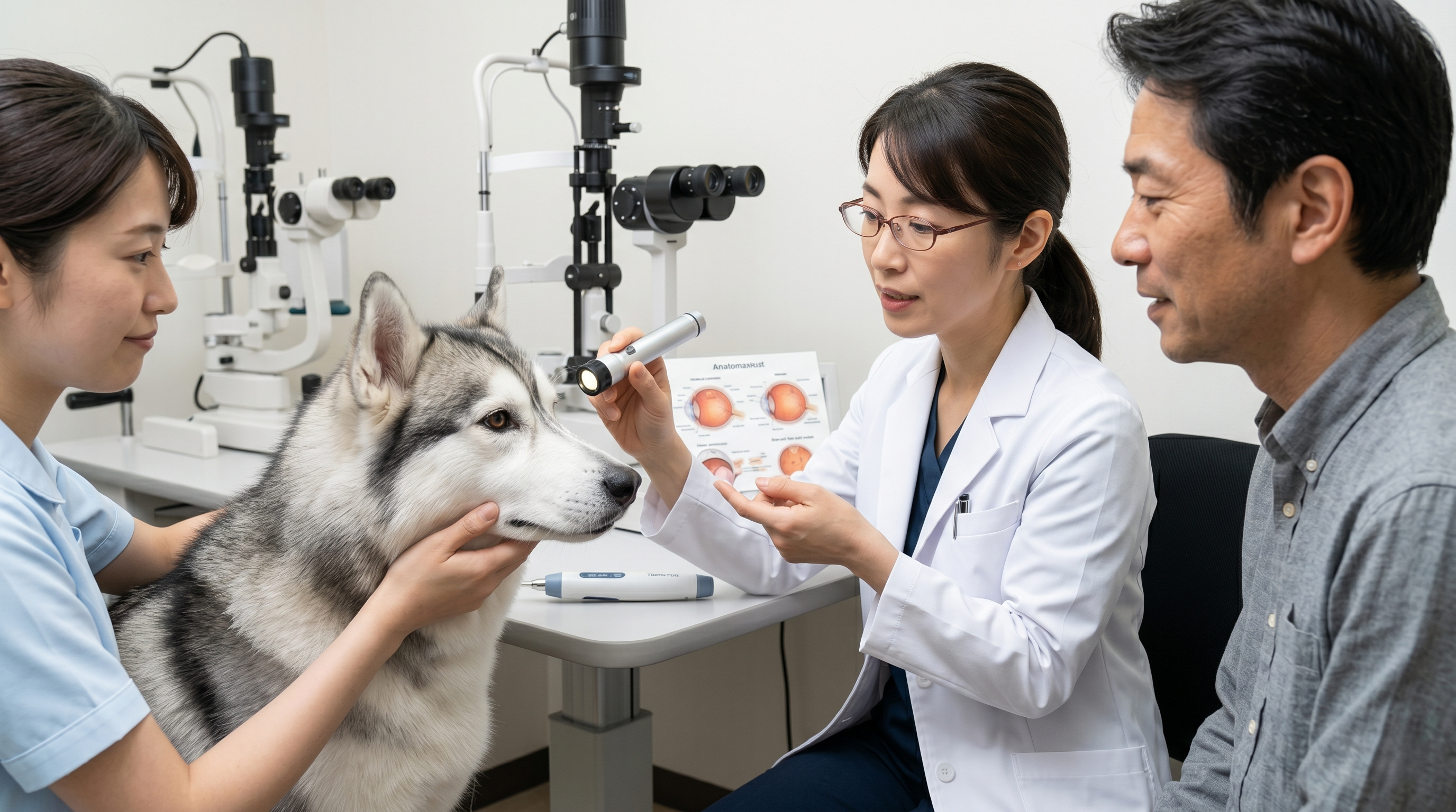 動物病院で眼圧測定を受ける犬（実写風）