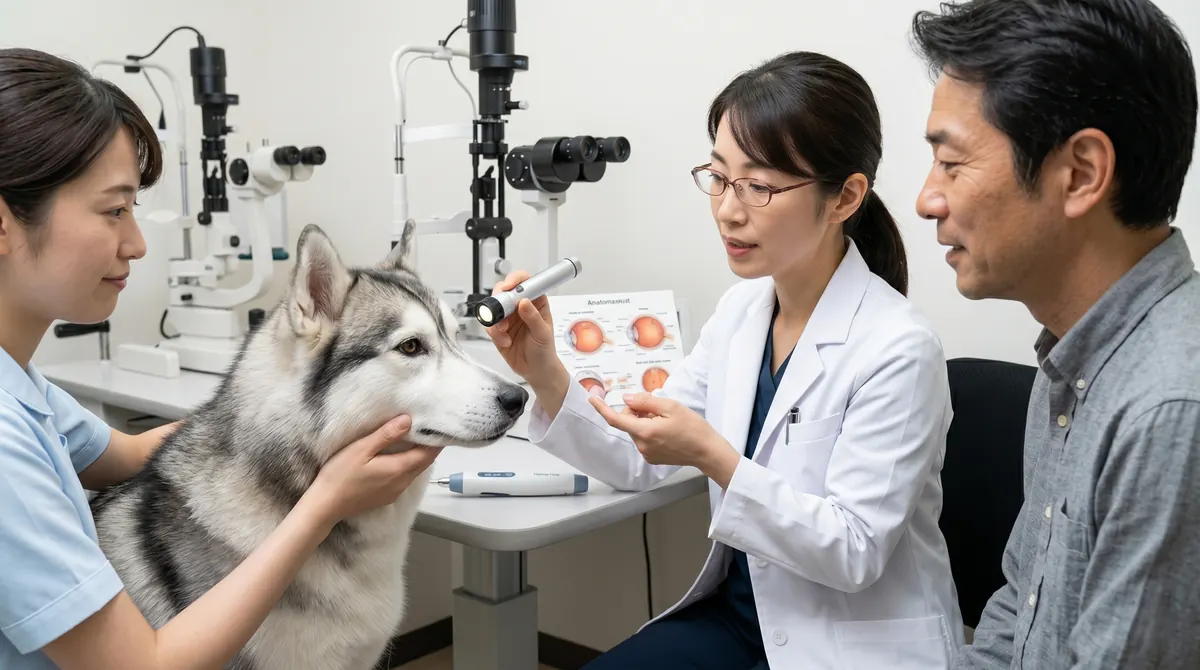 動物病院で眼圧測定を受ける犬（実写風）
