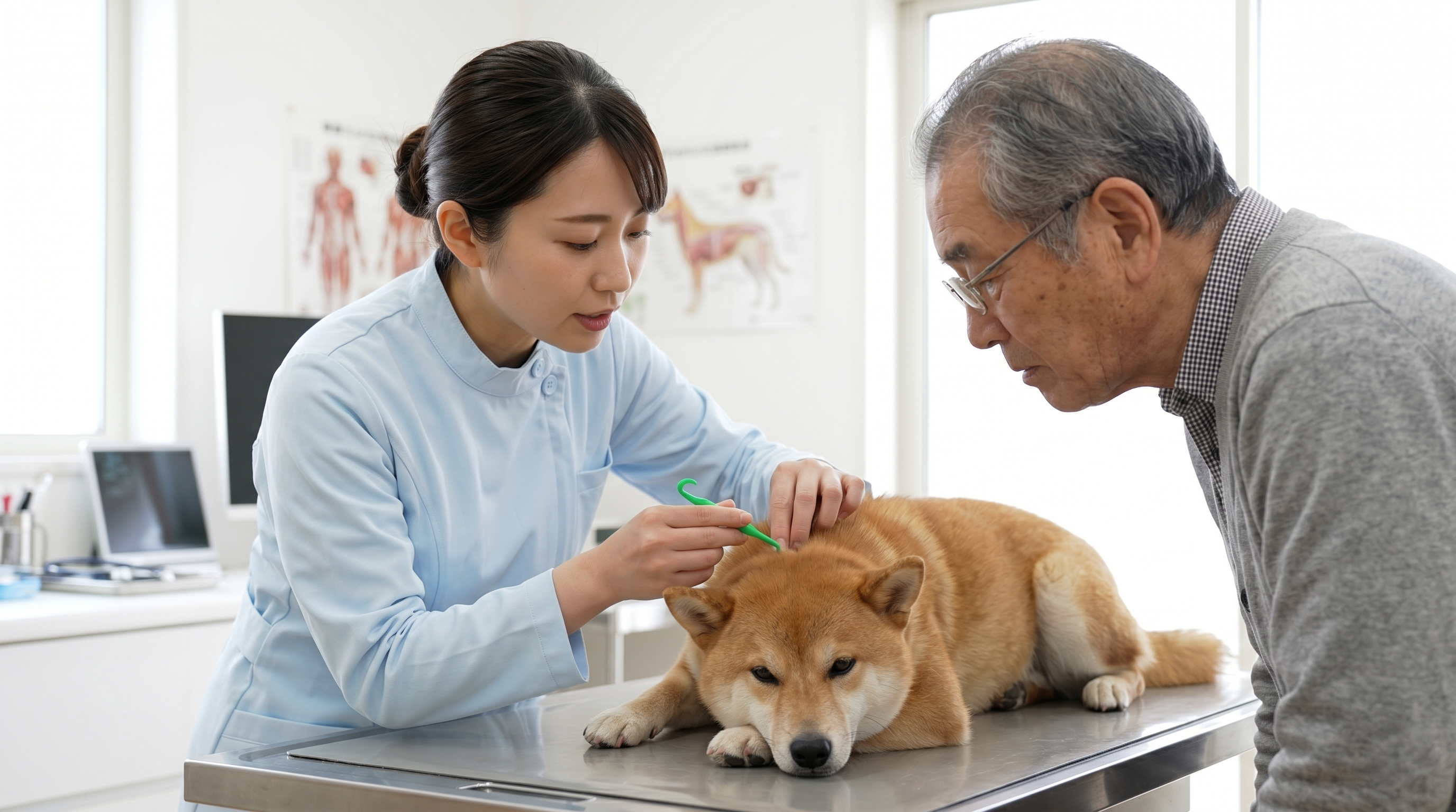 草むらの中の犬の被毛にマダニが付着しているアップ写真（実写風）