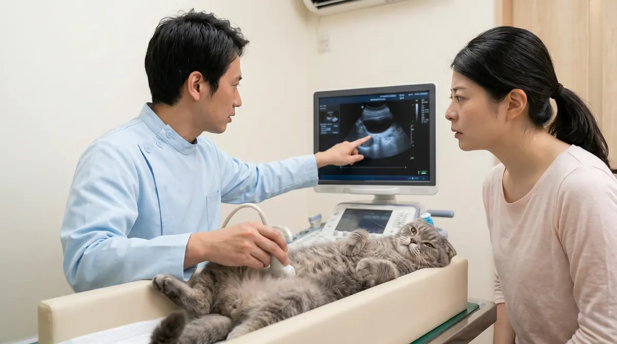 複数の猫がいる室内で緊張した様子で隅に座っている猫（実写風）