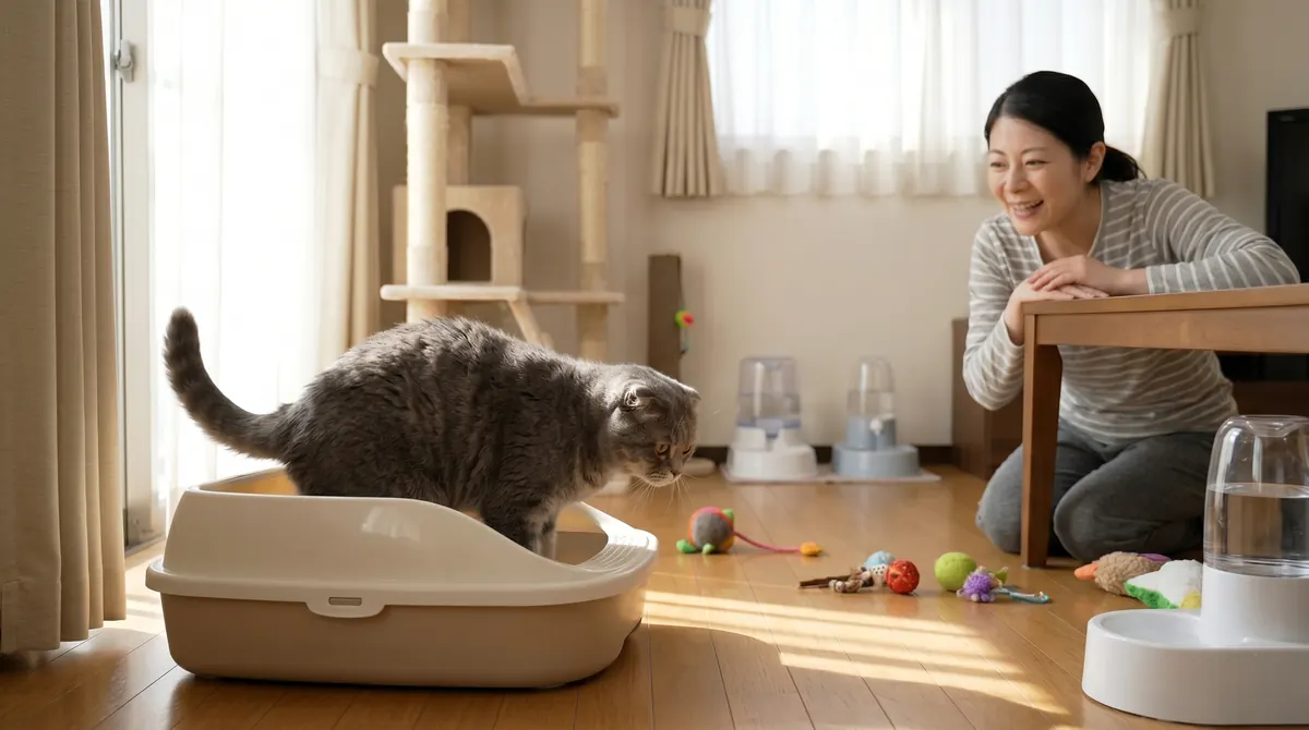 給水器から水を飲む猫を見守る飼い主の手元（実写風）