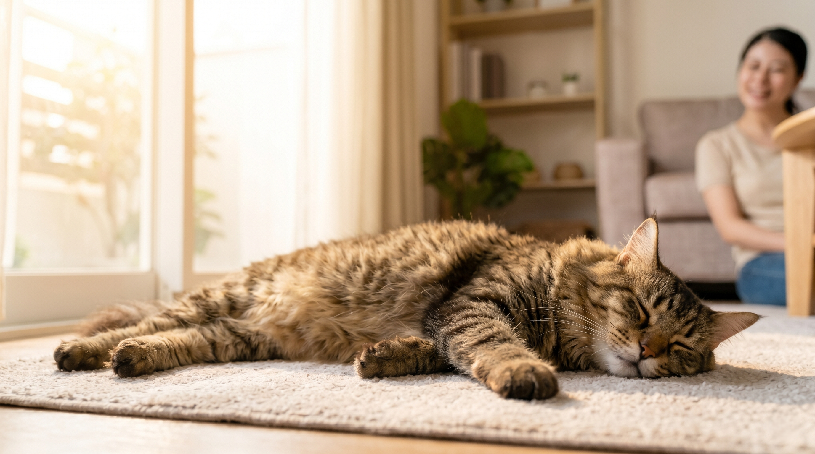 手術後の回復室で酸素マスクをつけながら眠る猫を看護する獣医師（実写風）