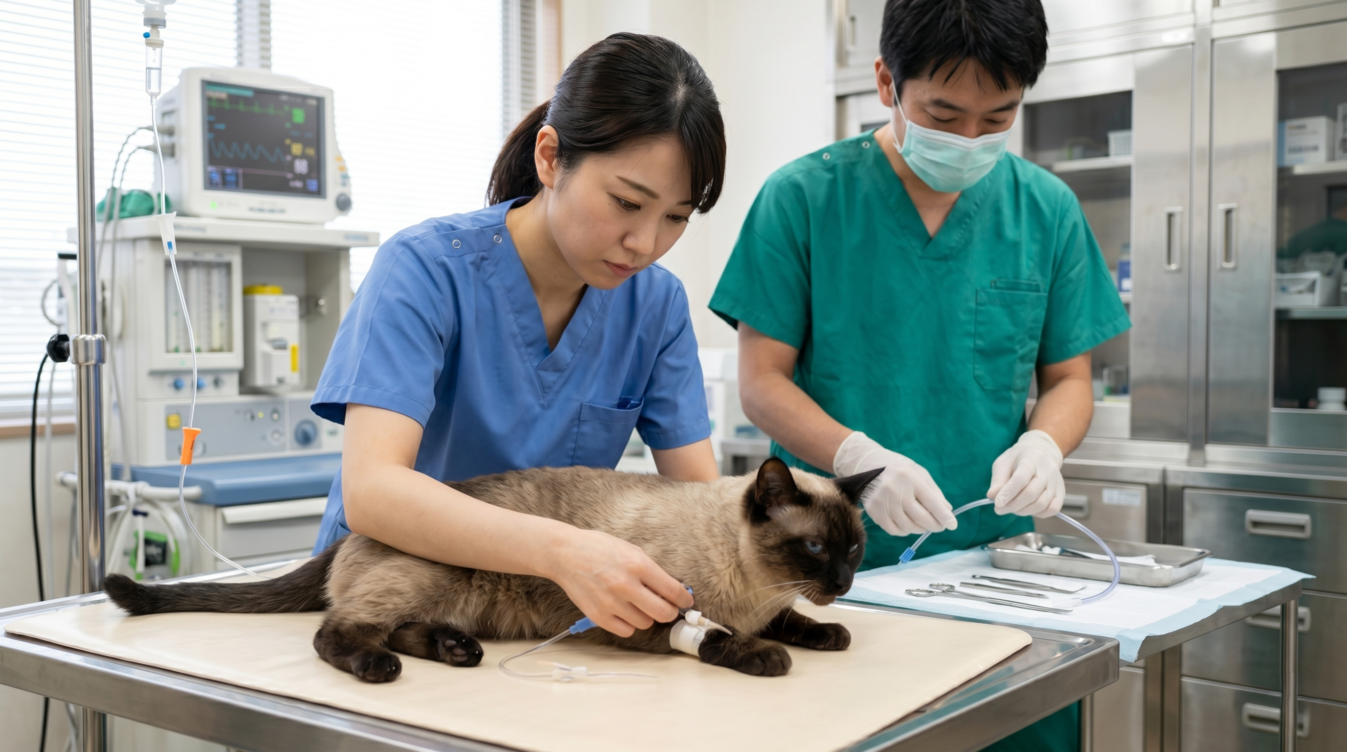 食後すぐに走り回る猫とその様子を心配そうに見る飼い主（実写風）
