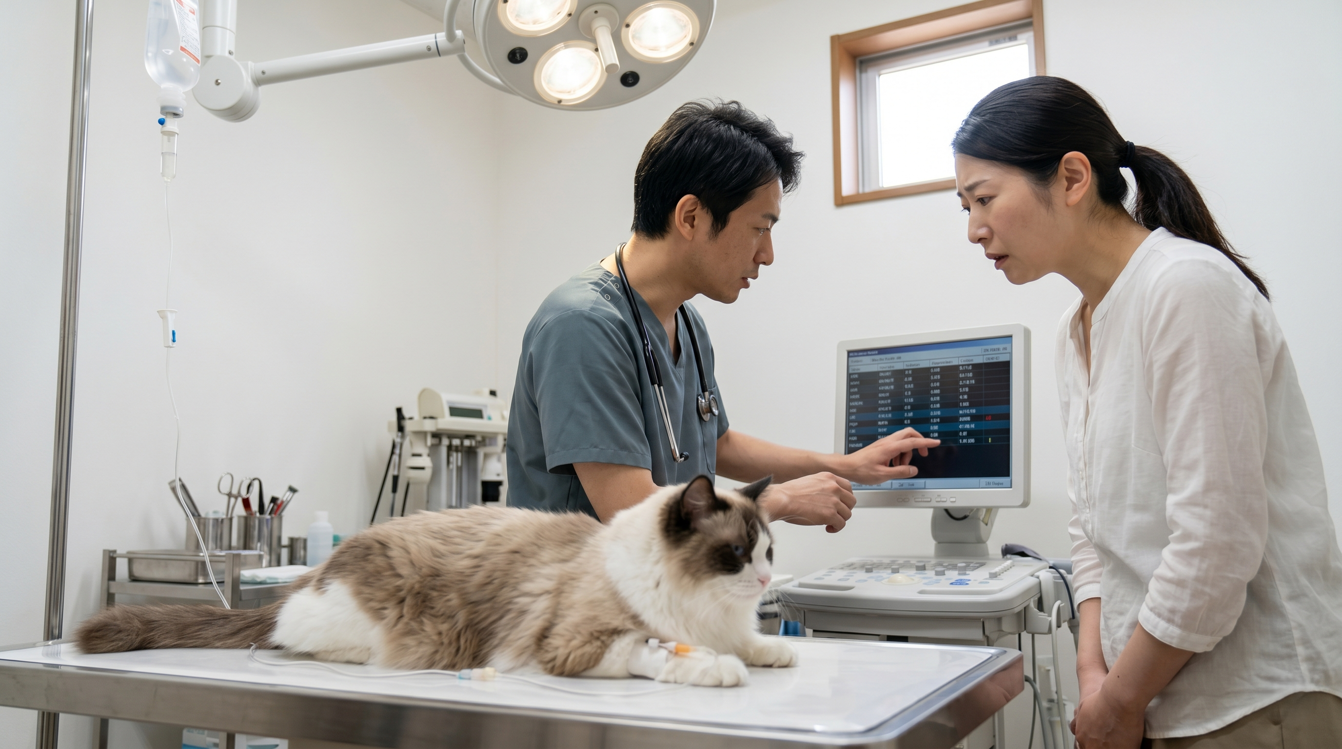 食卓の上の食べ物に手を伸ばす猫と慌てて止めようとする飼い主（実写風）
