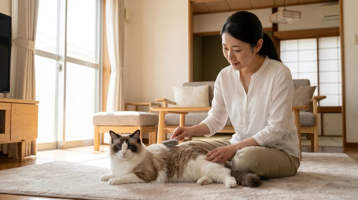 動物病院の診察台で点滴を受けながら安静にしている猫と穏やかに見守る獣医師（実写風）