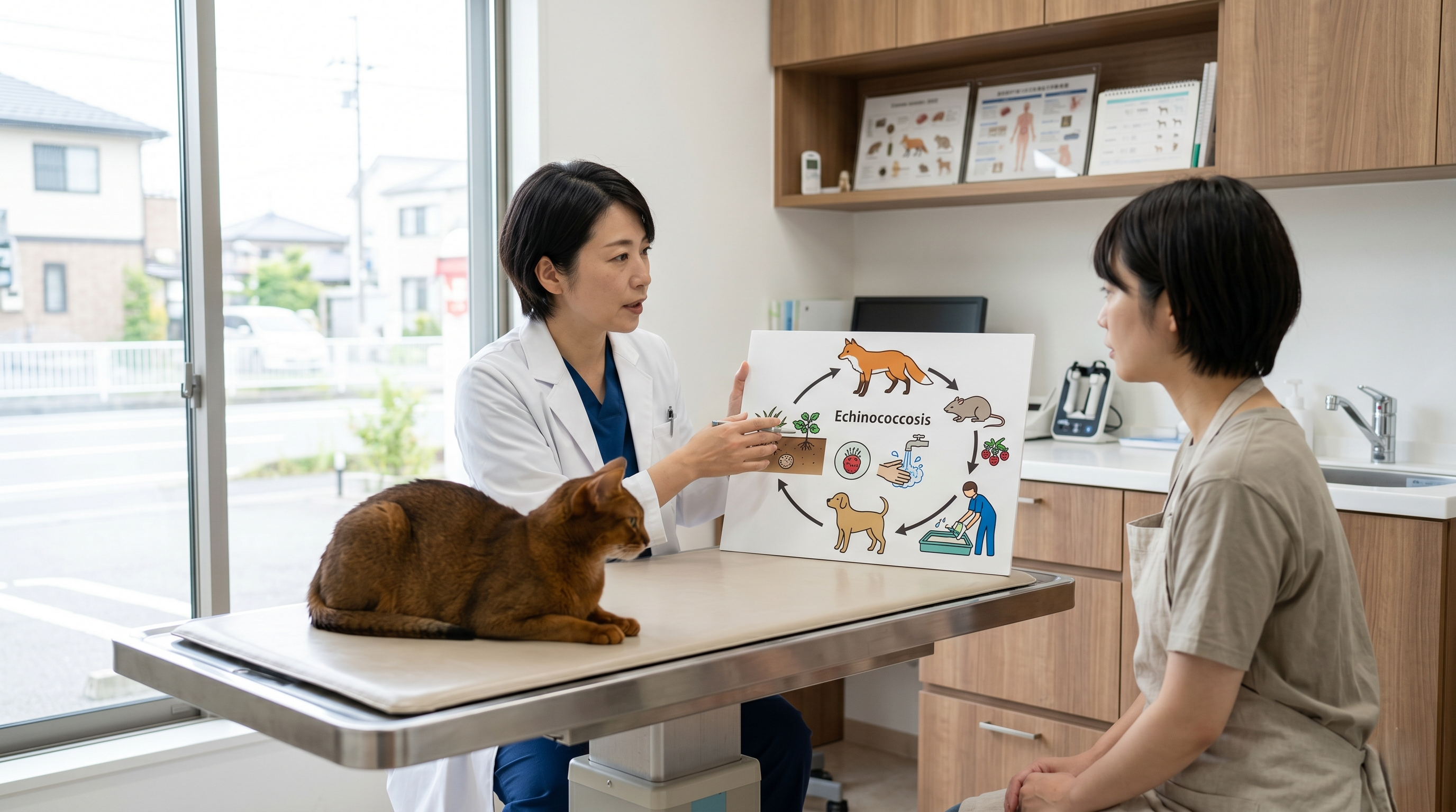 北海道の野原でキツネの糞の近くを歩く猫（実写風）