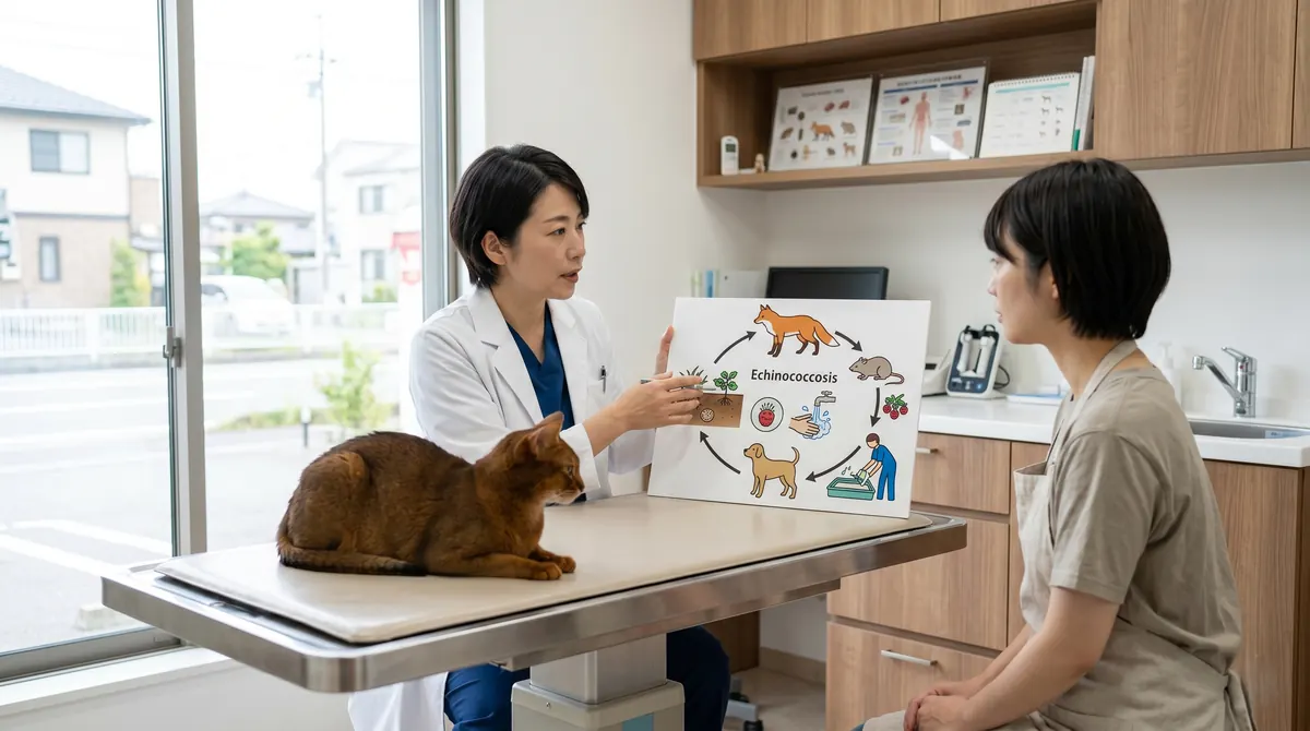北海道の野原でキツネの糞の近くを歩く猫（実写風）