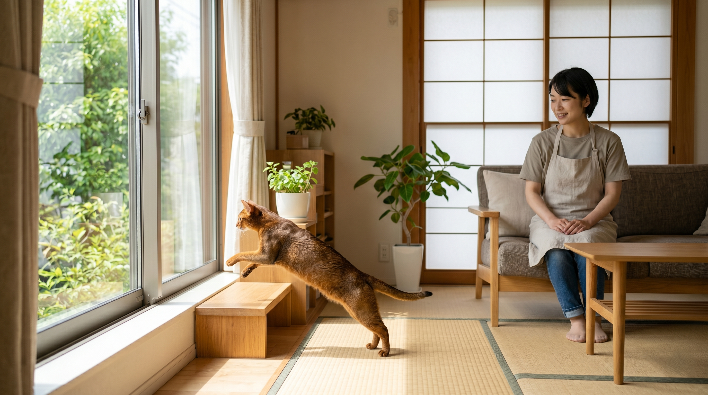 猫の腹部を優しく確認している日本人獣医師の様子（実写風）