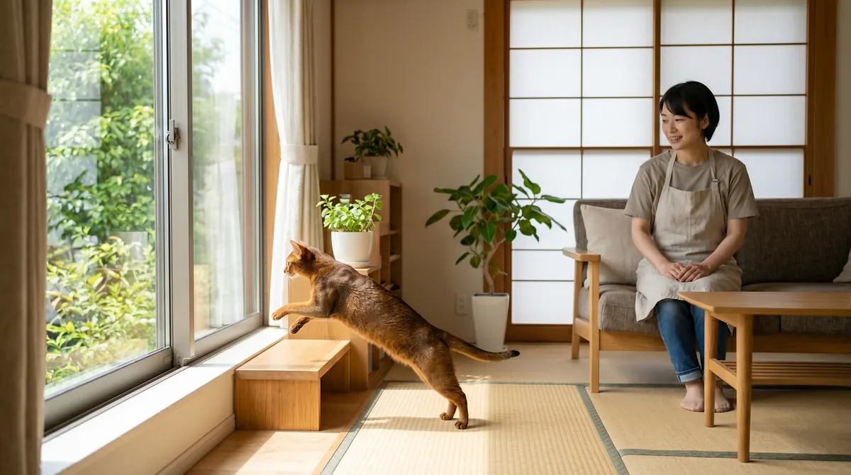 猫の腹部を優しく確認している日本人獣医師の様子（実写風）