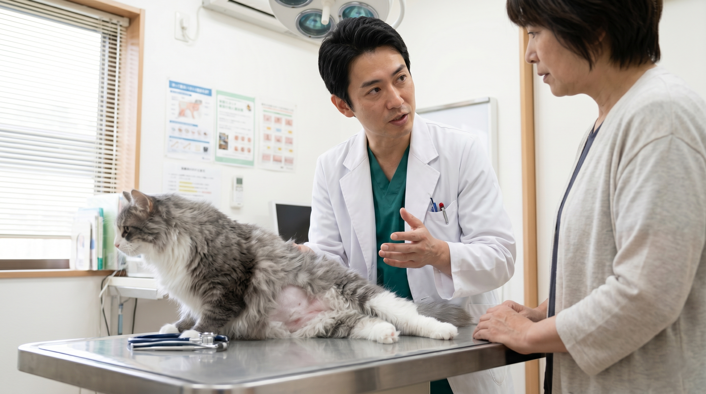 室内の窓際でホコリや花粉に囲まれた環境にいる猫（実写風）