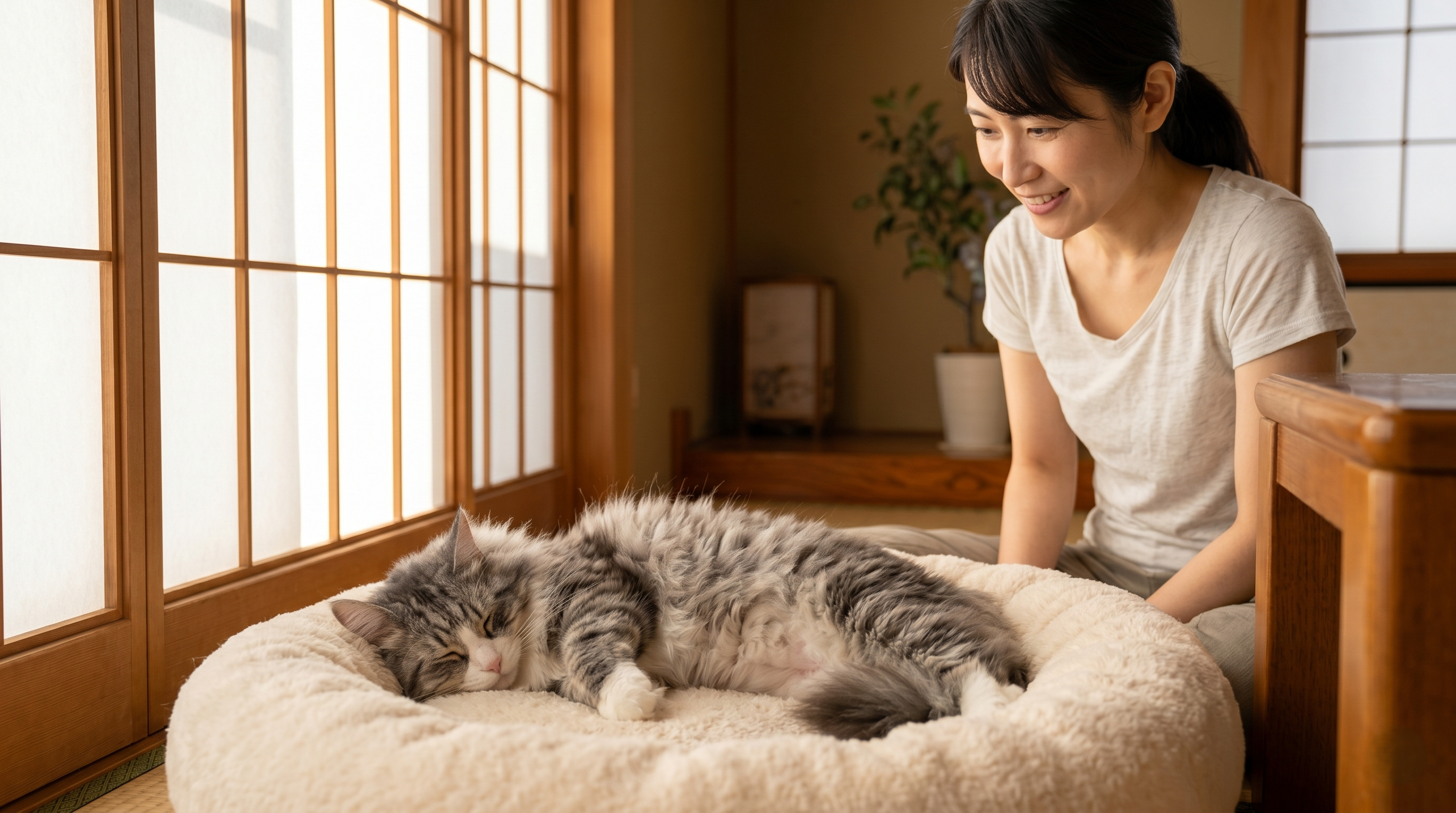 動物病院で皮膚の状態を確認してもらっている猫と日本人獣医師（実写風）