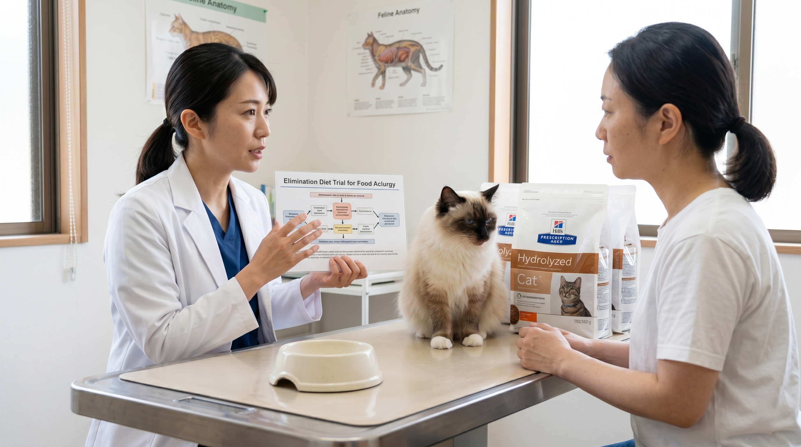 猫のフードボウルの前でかゆそうにしている猫（実写風）