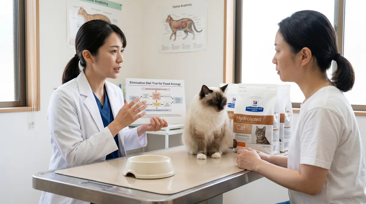 猫のフードボウルの前でかゆそうにしている猫（実写風）
