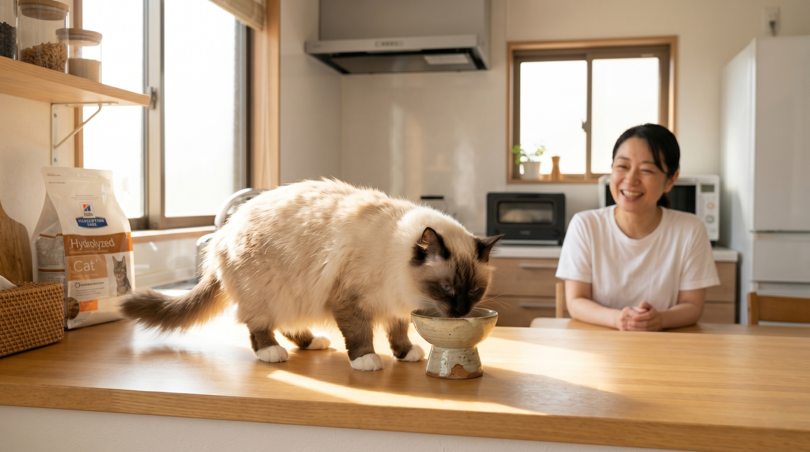 特別な療法食を与えられて落ち着いている猫と日本人飼い主（実写風）