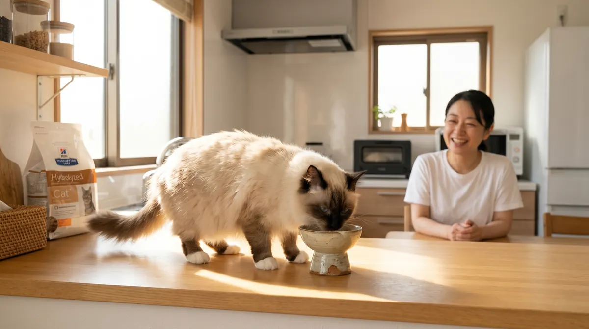 特別な療法食を与えられて落ち着いている猫と日本人飼い主（実写風）