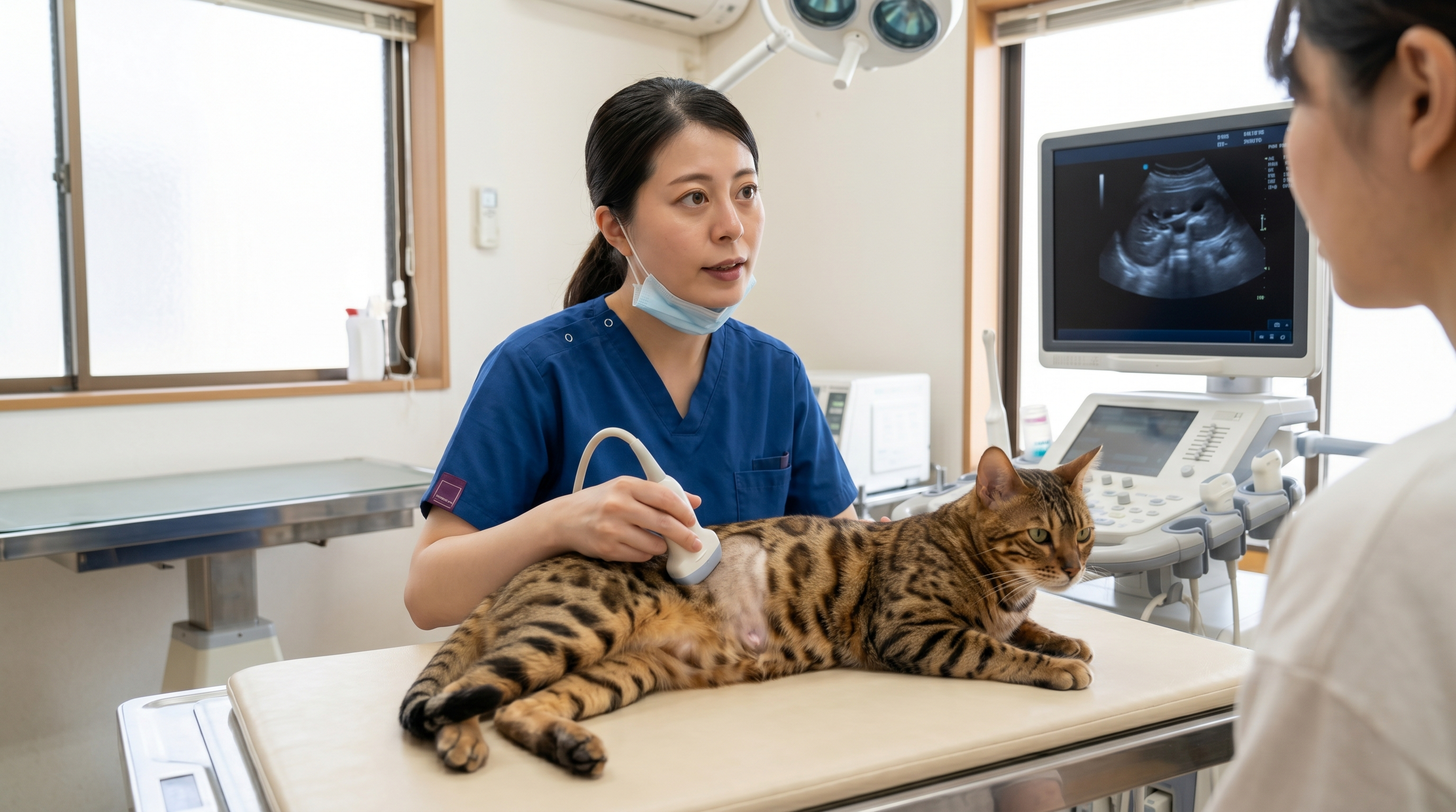 動物病院で腎臓の超音波検査を受けているアビシニアン（実写風）