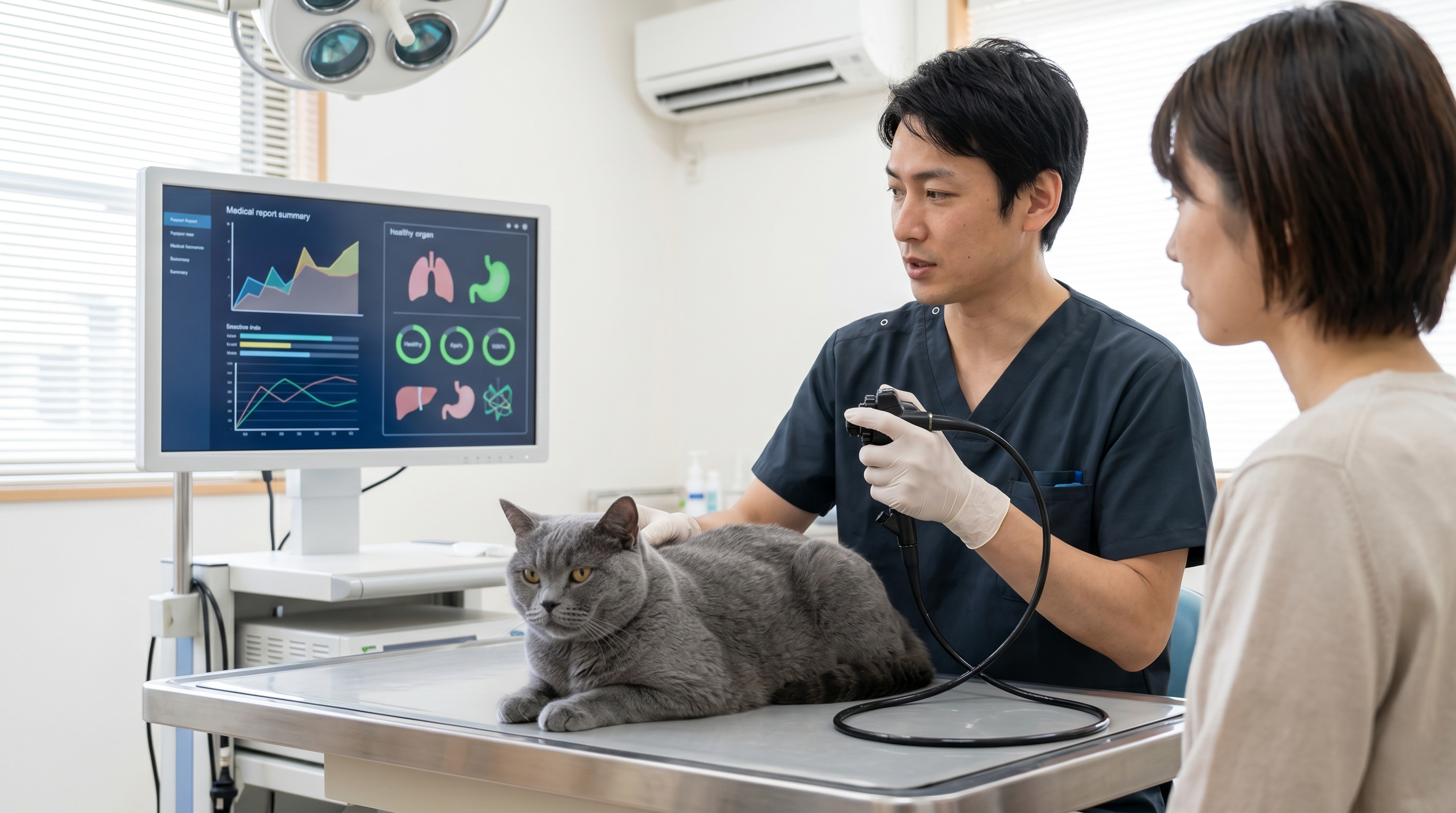 動物病院で腹部の超音波検査を受けている高齢猫と日本人獣医師（実写風）