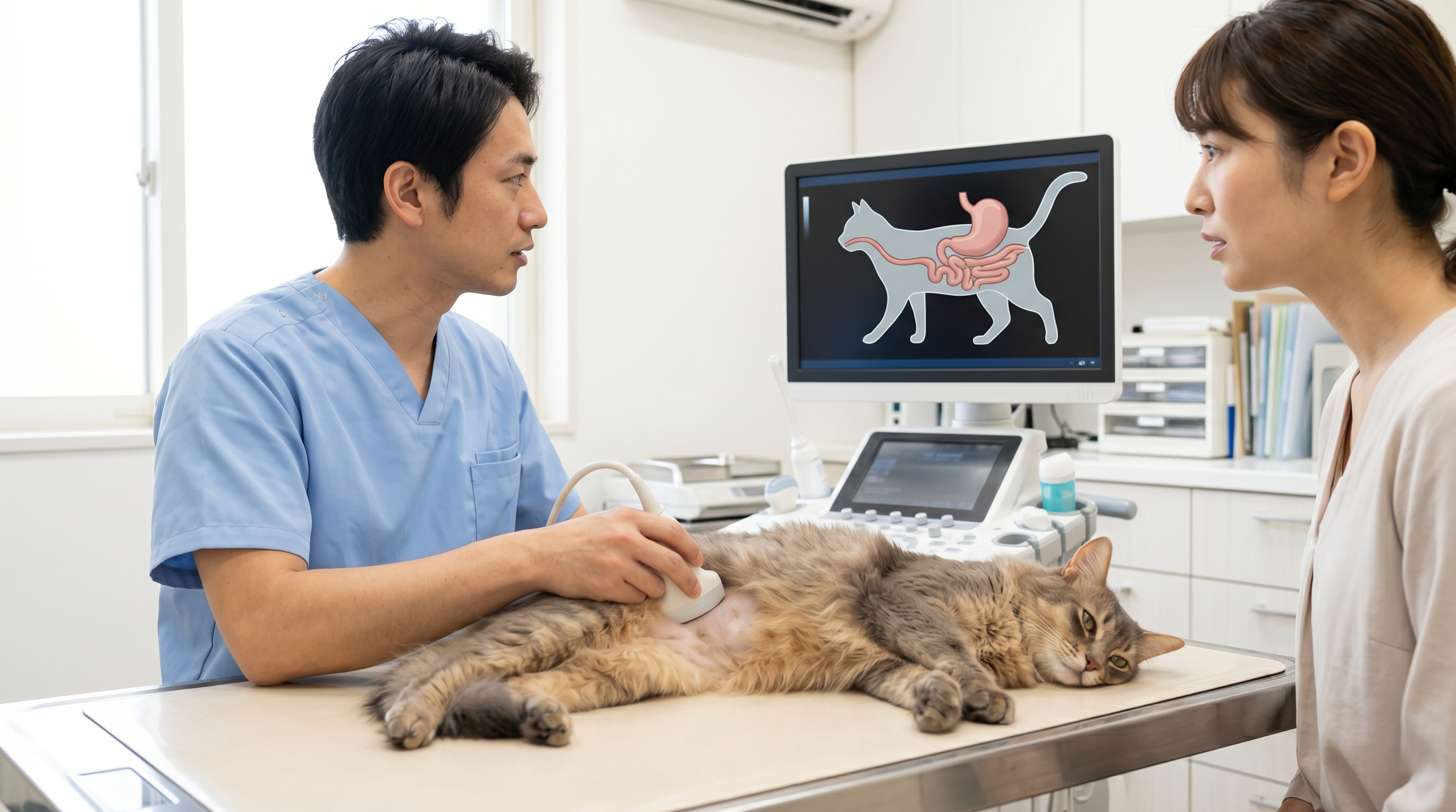 ひもやおもちゃが散らかった部屋で遊ぶ猫（実写風）