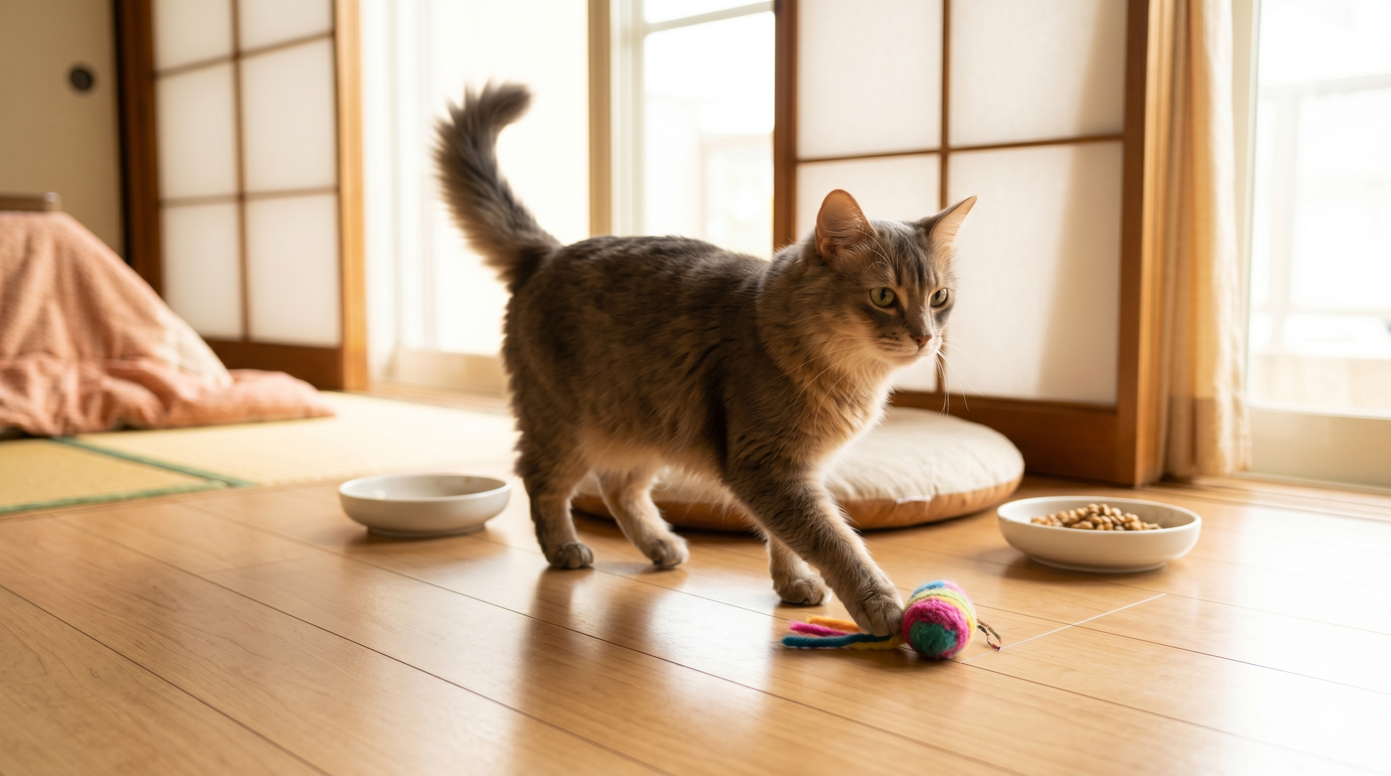 診察台の上で獣医師に診てもらう猫と安心した様子の飼い主（実写風）
