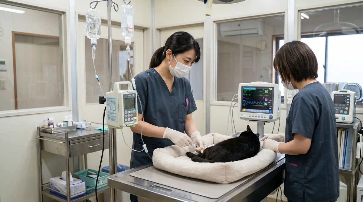 動物病院で点滴を受ける黒猫と動物看護師（実写風）