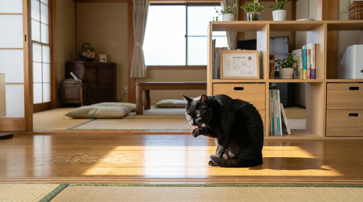 日の当たる和室で毛づくろいをする黒猫（実写風）