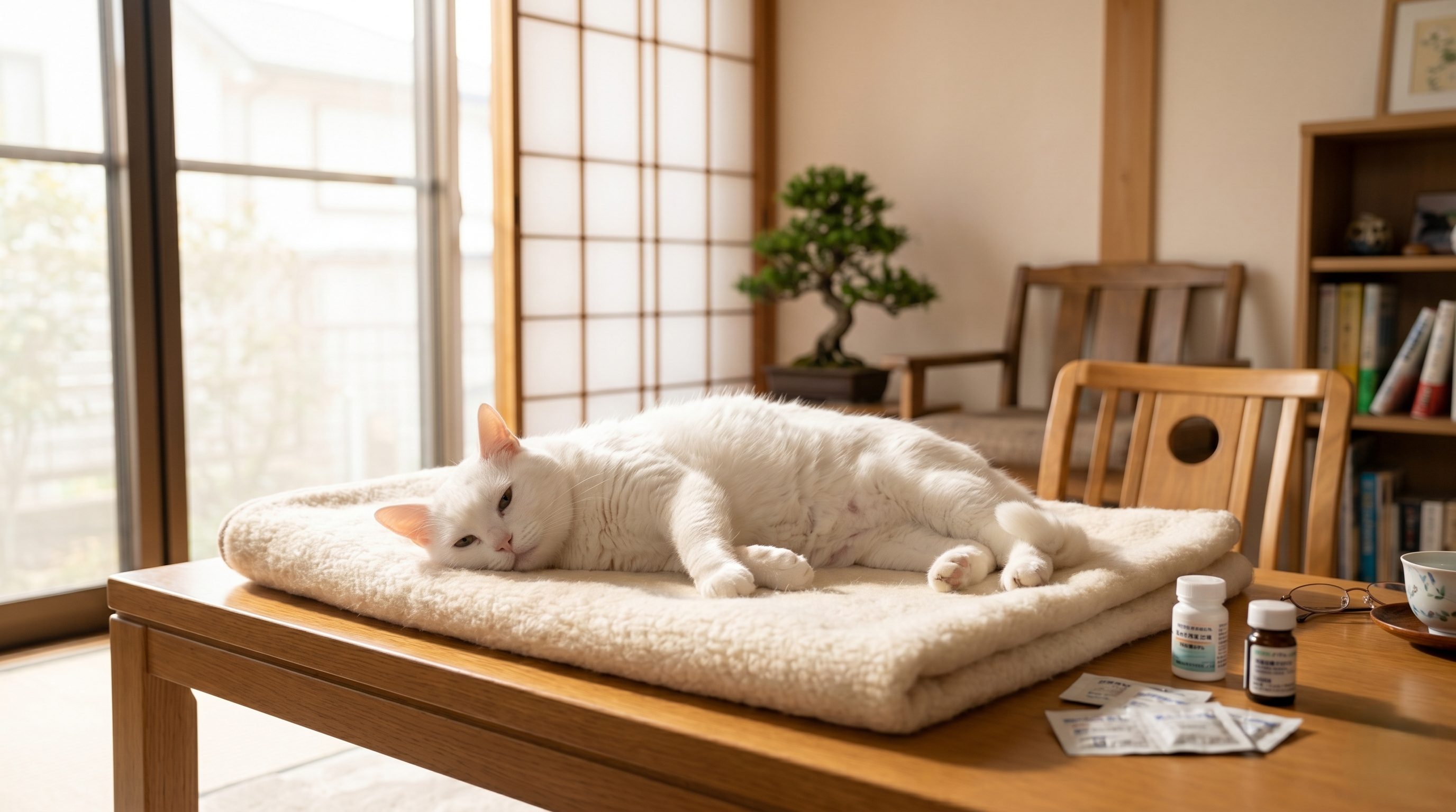 薬を飲ませてもらいながら穏やかにくつろぐ猫と飼い主（実写風）