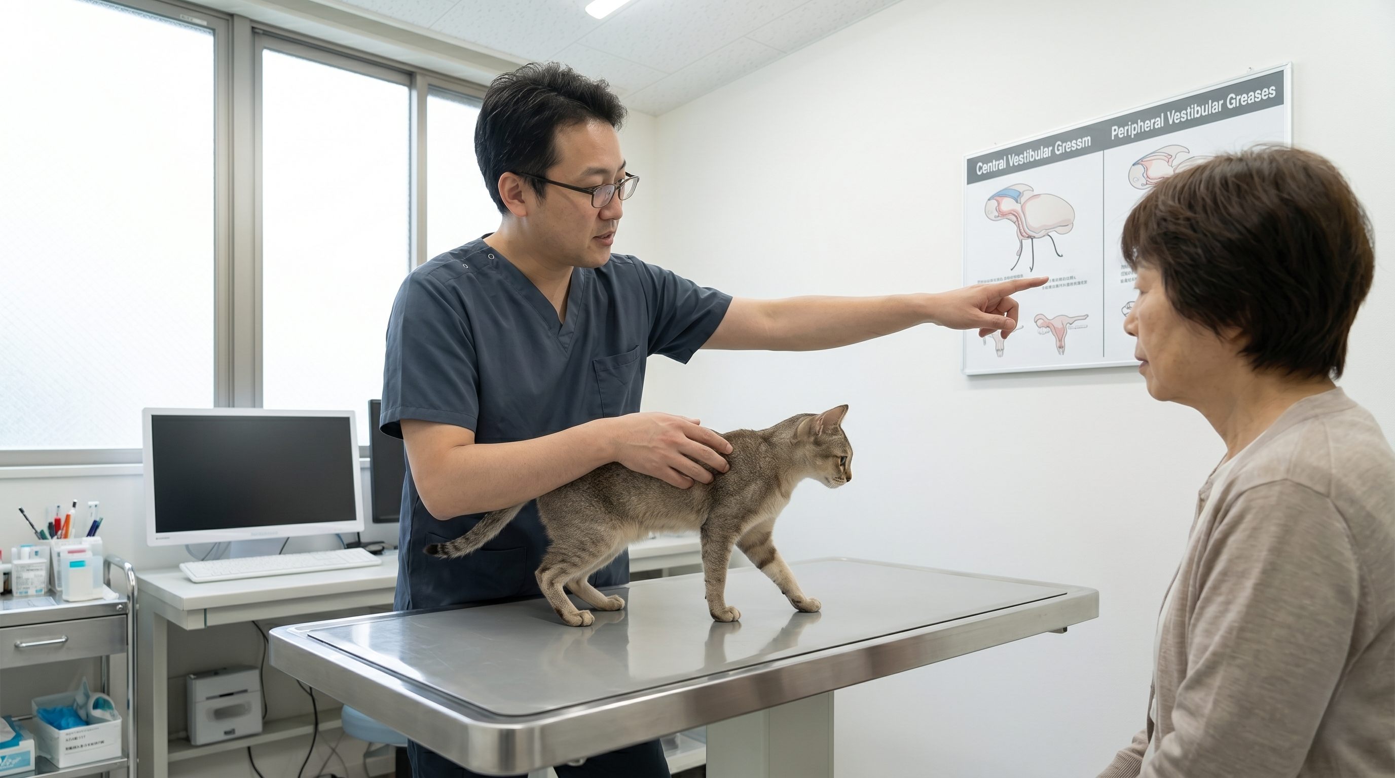 MRI検査装置の前に立つ獣医師と猫のキャリーケース（実写風）