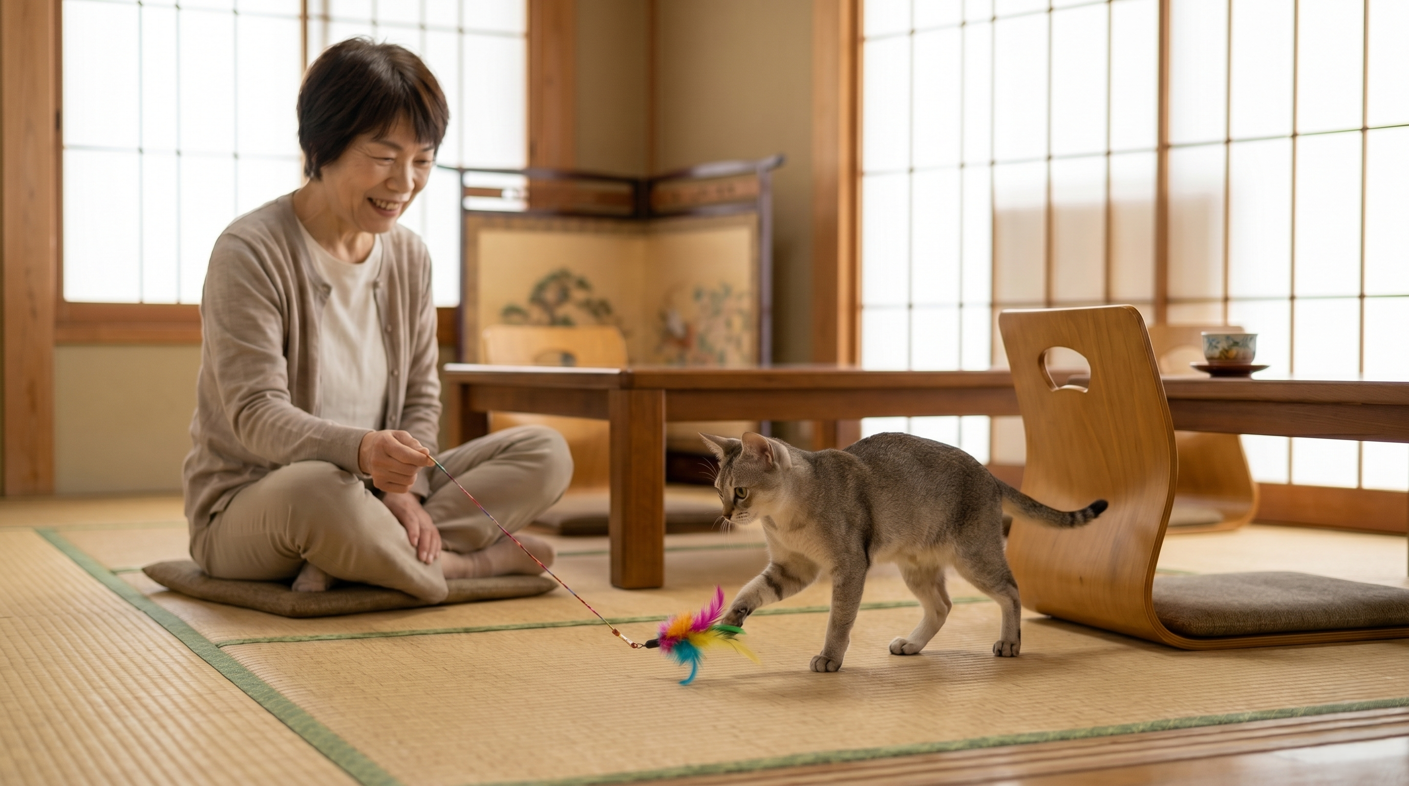 滑り止めマットの上でゆったりくつろぐ猫と見守る飼い主（実写風）