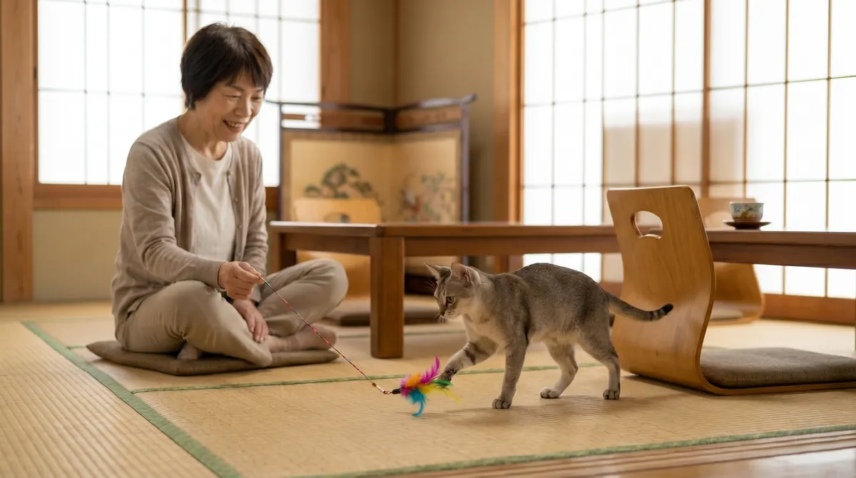 滑り止めマットの上でゆったりくつろぐ猫と見守る飼い主（実写風）
