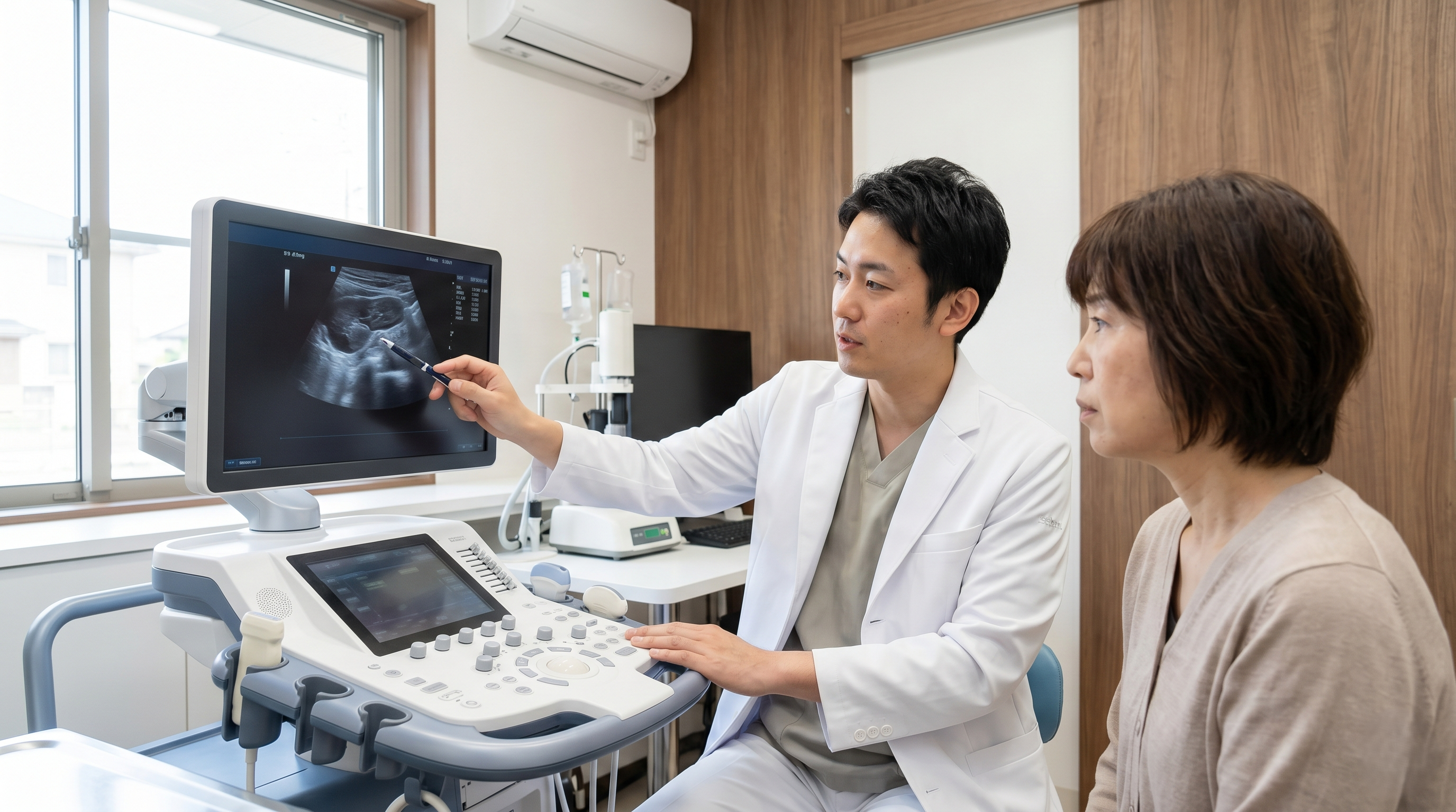動物病院で腹部を触診される猫と獣医師（実写風）