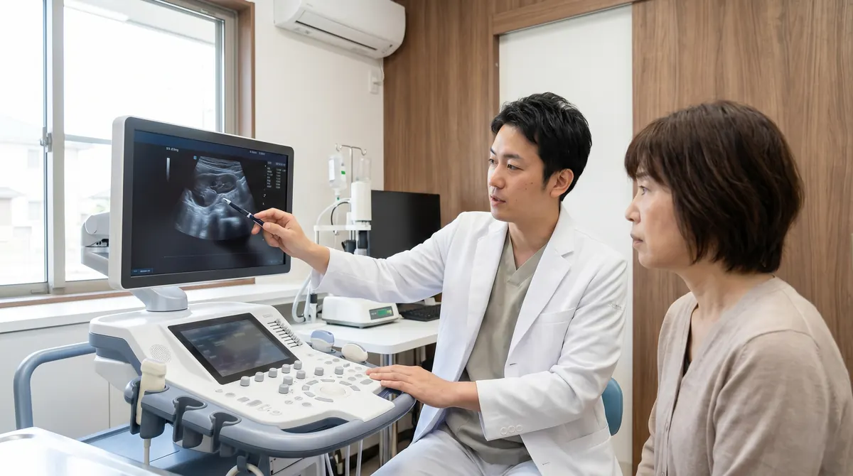 動物病院で腹部を触診される猫と獣医師（実写風）