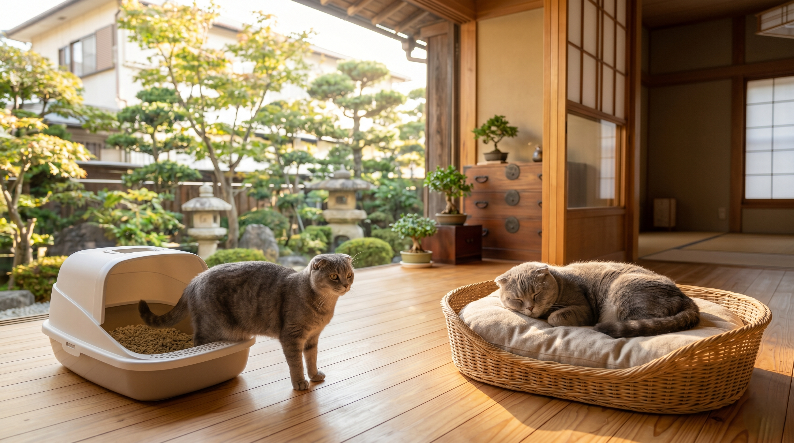 動物病院の診察台でリラックスしている猫と優しく接する日本人獣医師（実写風）