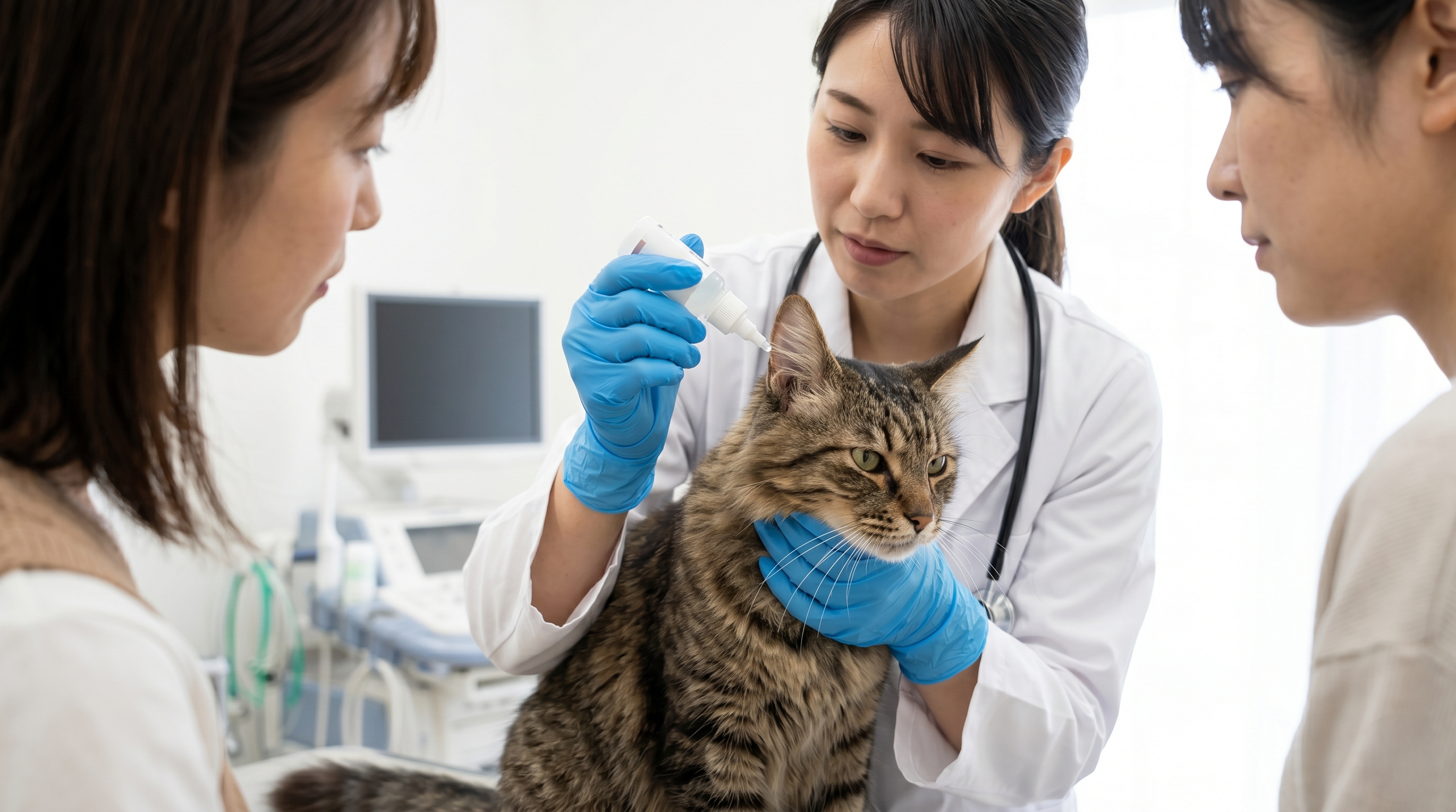 動物病院で耳鏡を使って猫の耳を診察する日本人獣医師（実写風）
