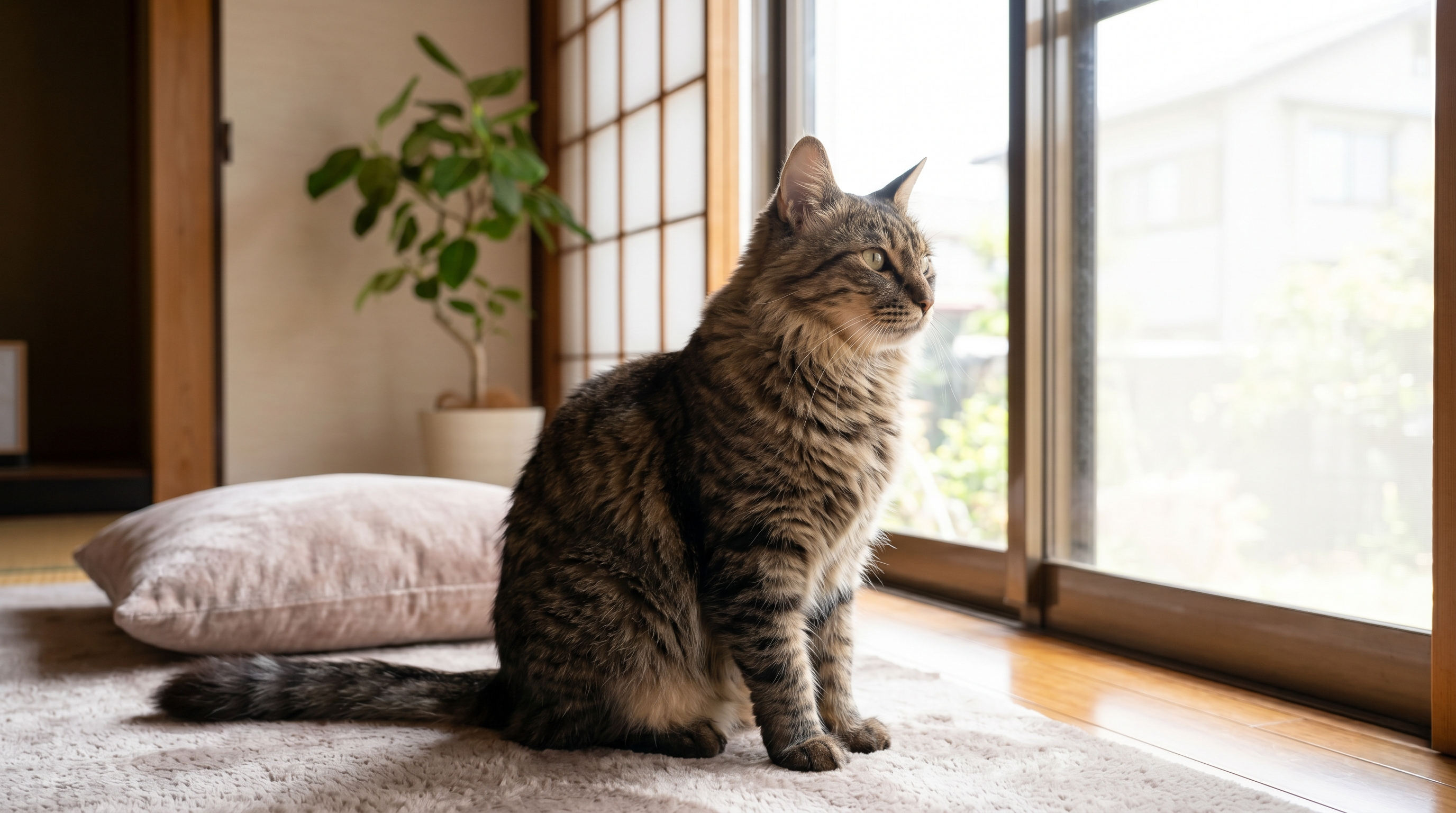 動物病院で耳の治療を受けた後に落ち着いている猫と安心した表情の日本人飼い主（実写風）
