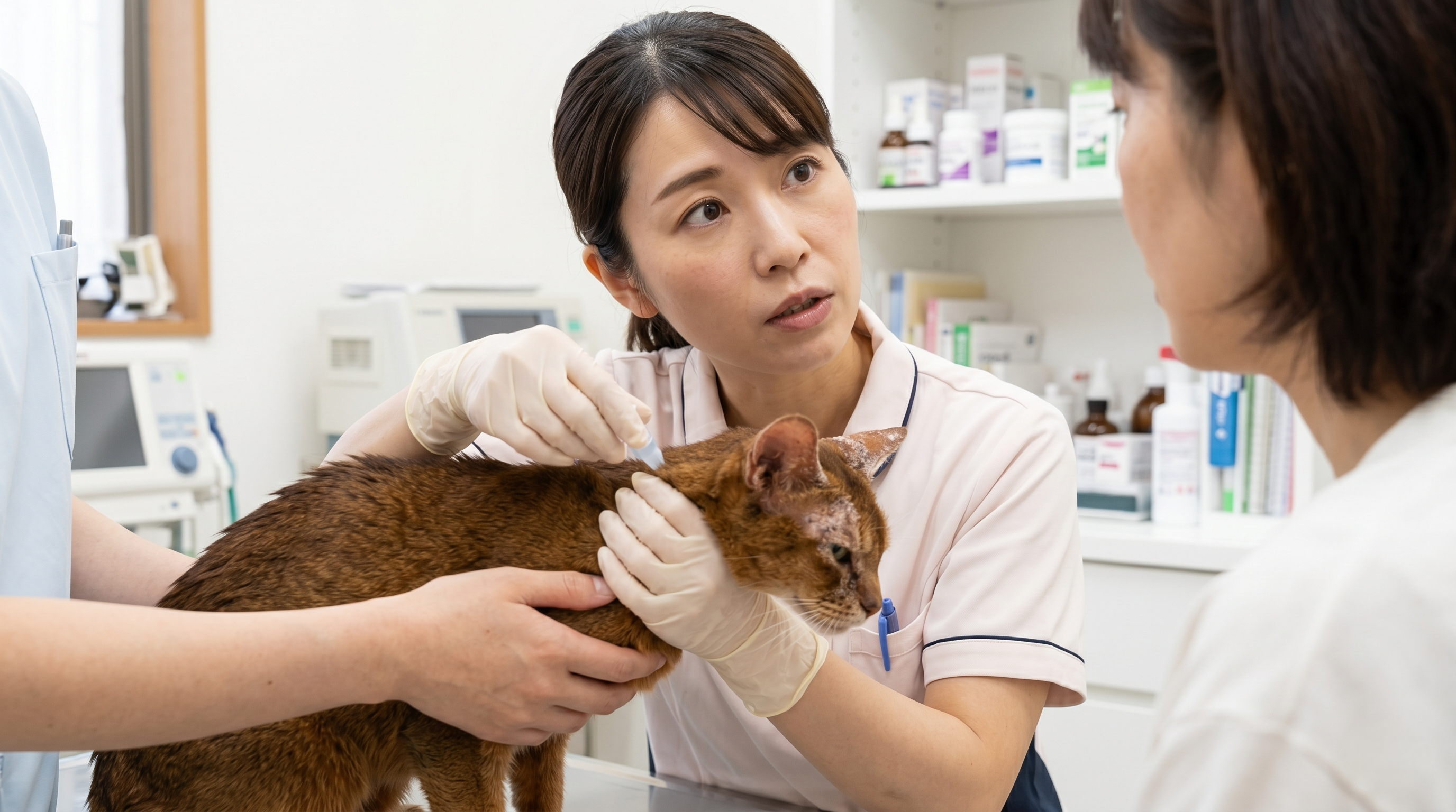 動物病院で皮膚を顕微鏡で検査する獣医師と猫（実写風）