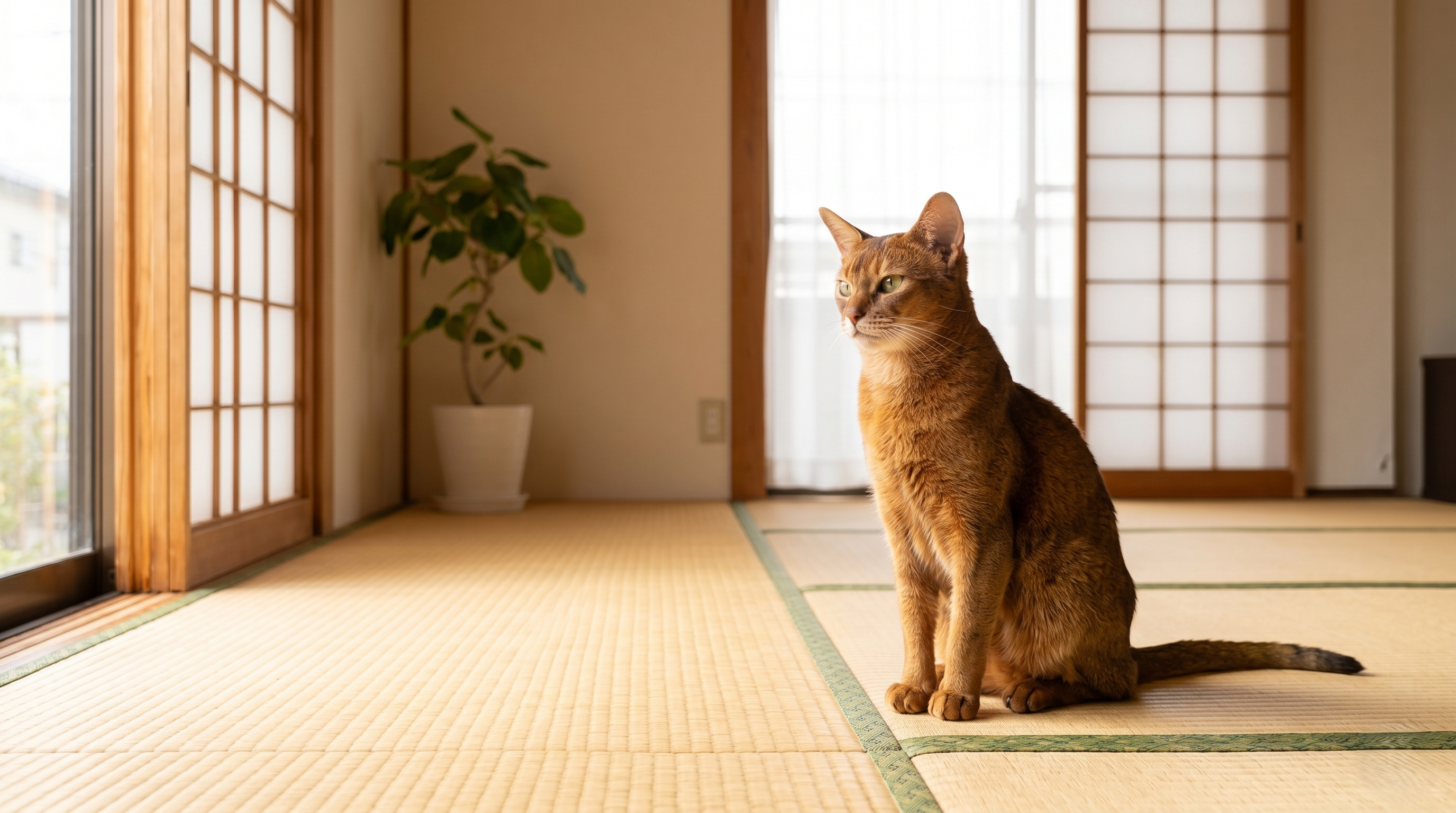 動物病院で皮膚治療を終えて回復しつつある猫と安心した表情の日本人飼い主（実写風）