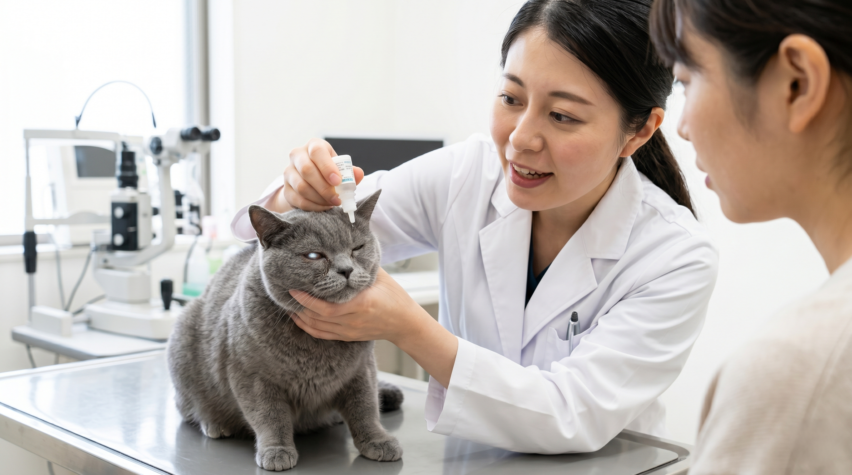 動物病院で眼科専用機器で猫の目を検査する日本人獣医師（実写風）
