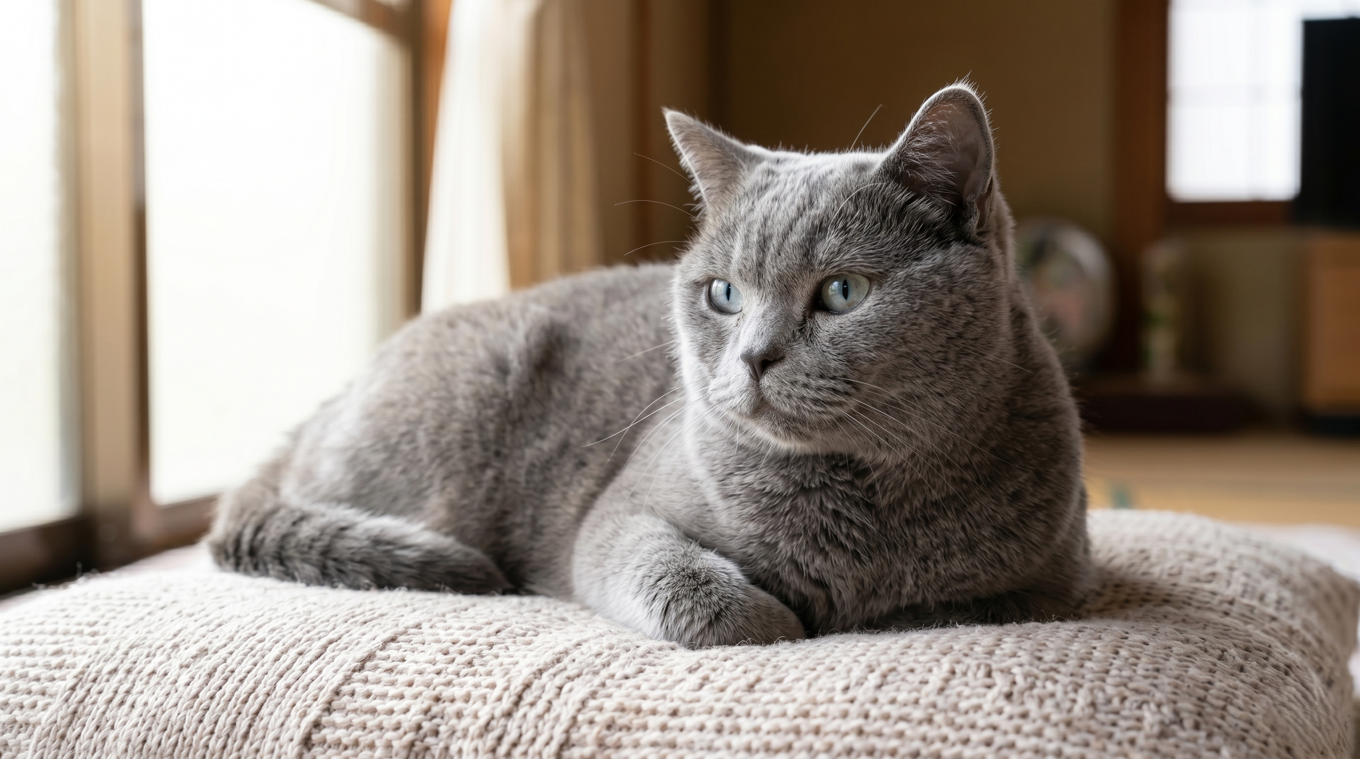 動物病院で目の治療を終えて落ち着いている猫と安心した表情の日本人飼い主（実写風）