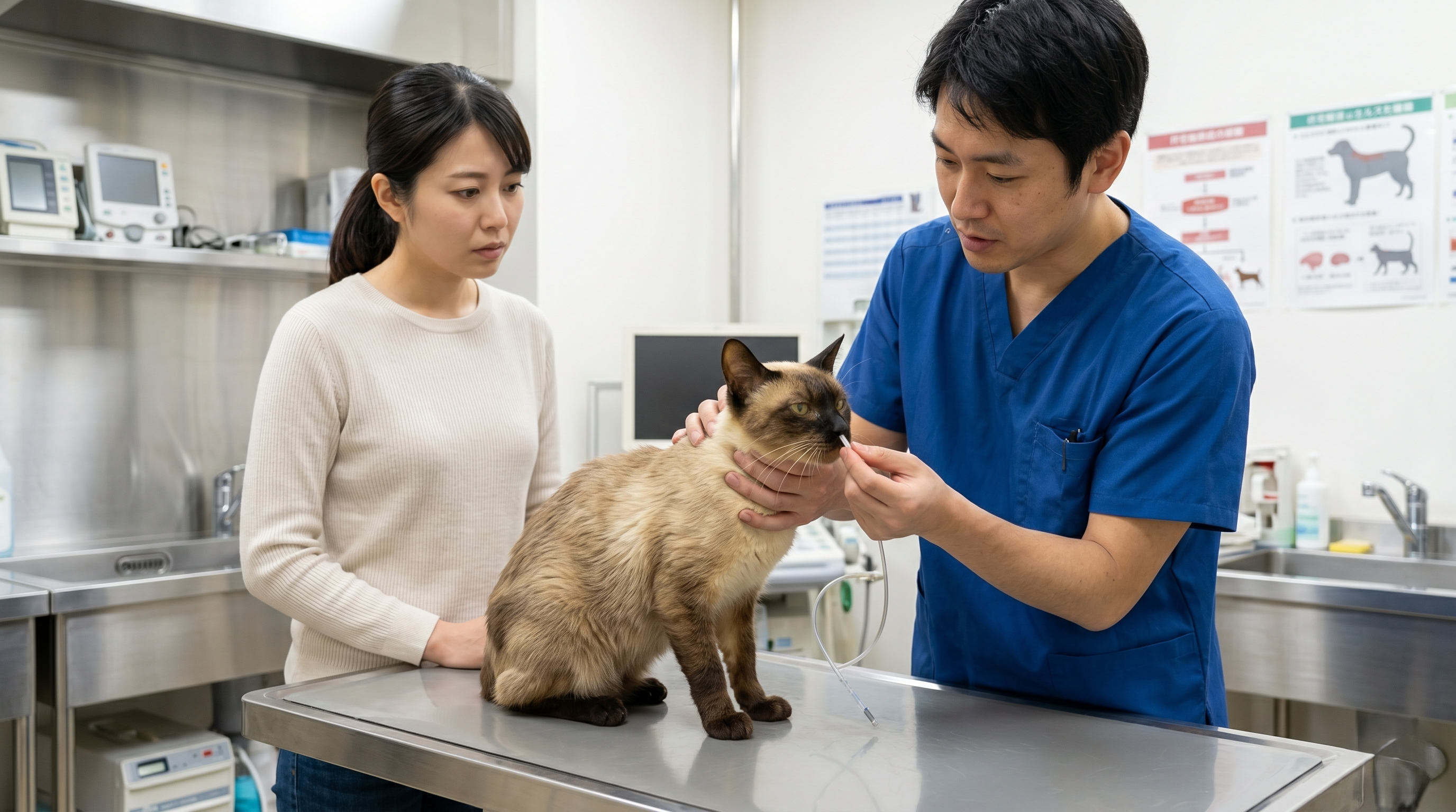 動物病院で腹部エコー検査を受けている猫と真剣な表情の日本人獣医師（実写風）
