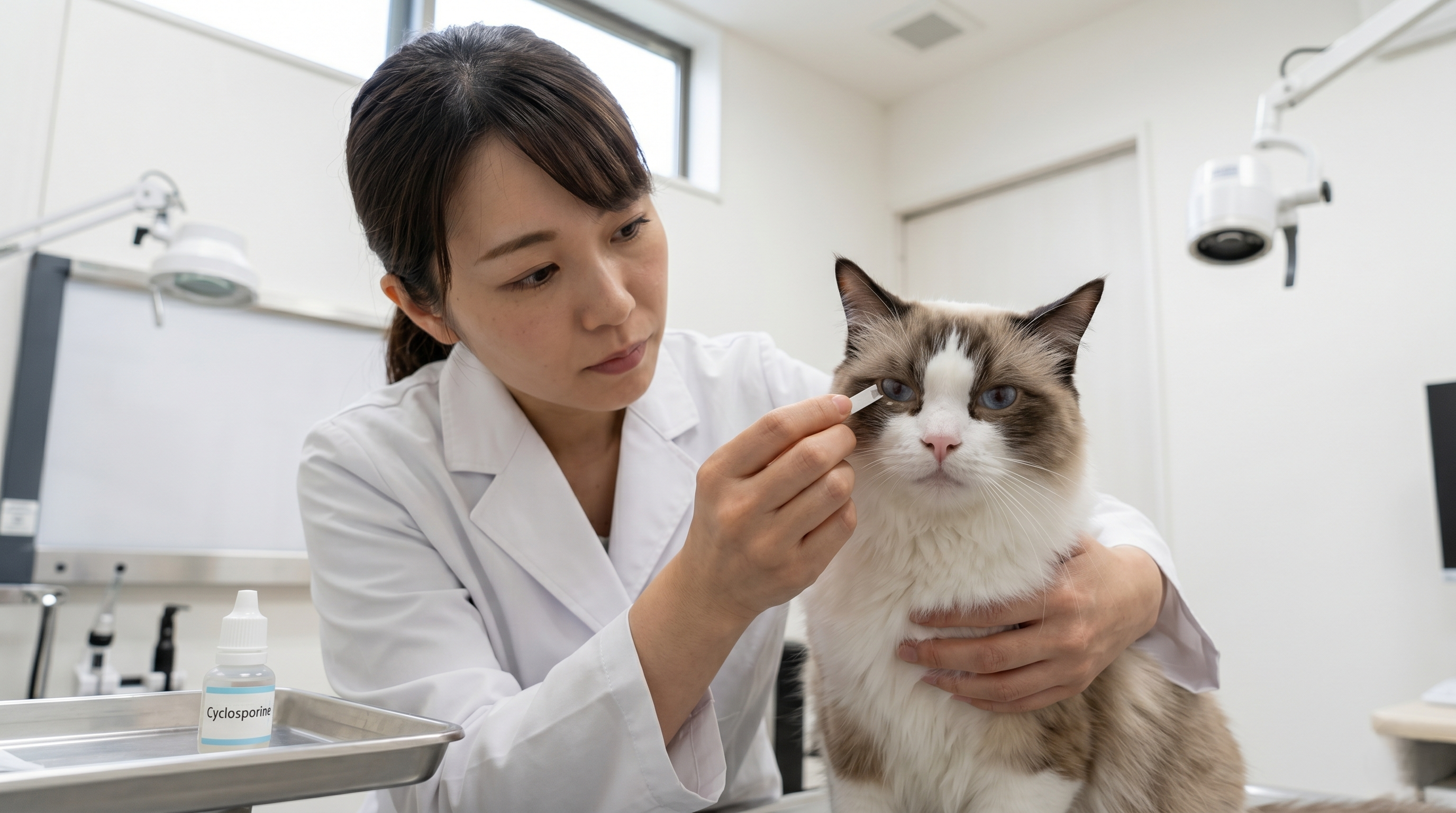 動物病院の診察台でシュマー試験を受ける猫を優しく保定する日本人獣医師（実写風）